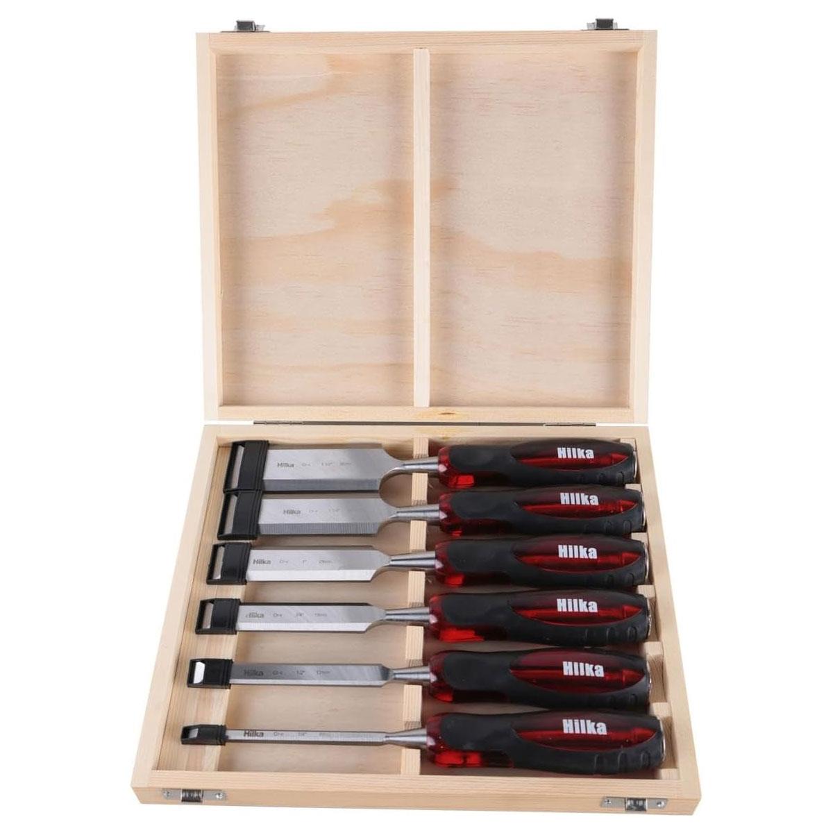 Hilka Wood Chisel Set Clear Grip 6 Piece Chrome Vanadium Steel Red/Black 6-38mm
