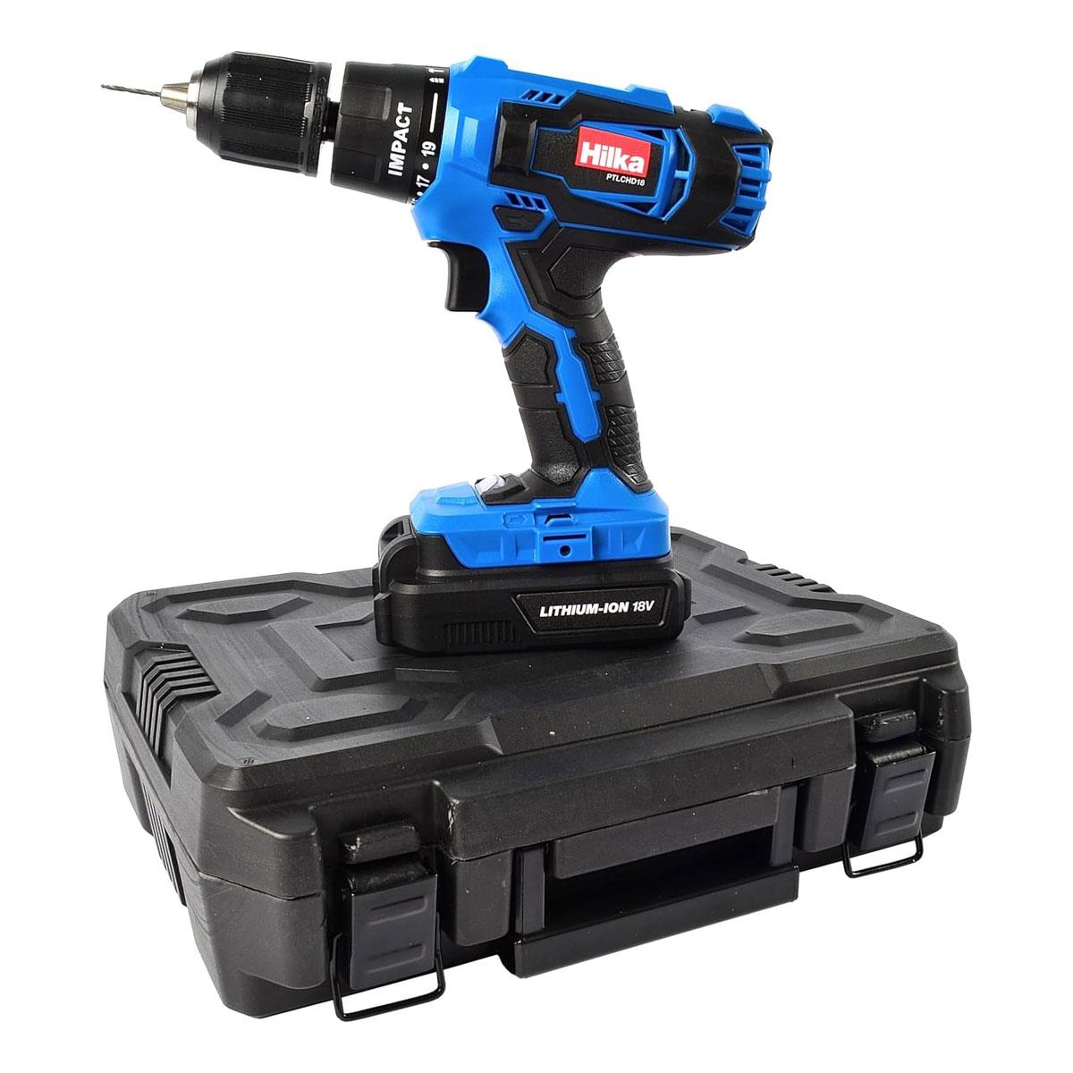 Hilka 18V Li-Ion Cordless Hammer Combi Drill 13mm Chuck 40Nm 1500mAh Case & 12 Bits