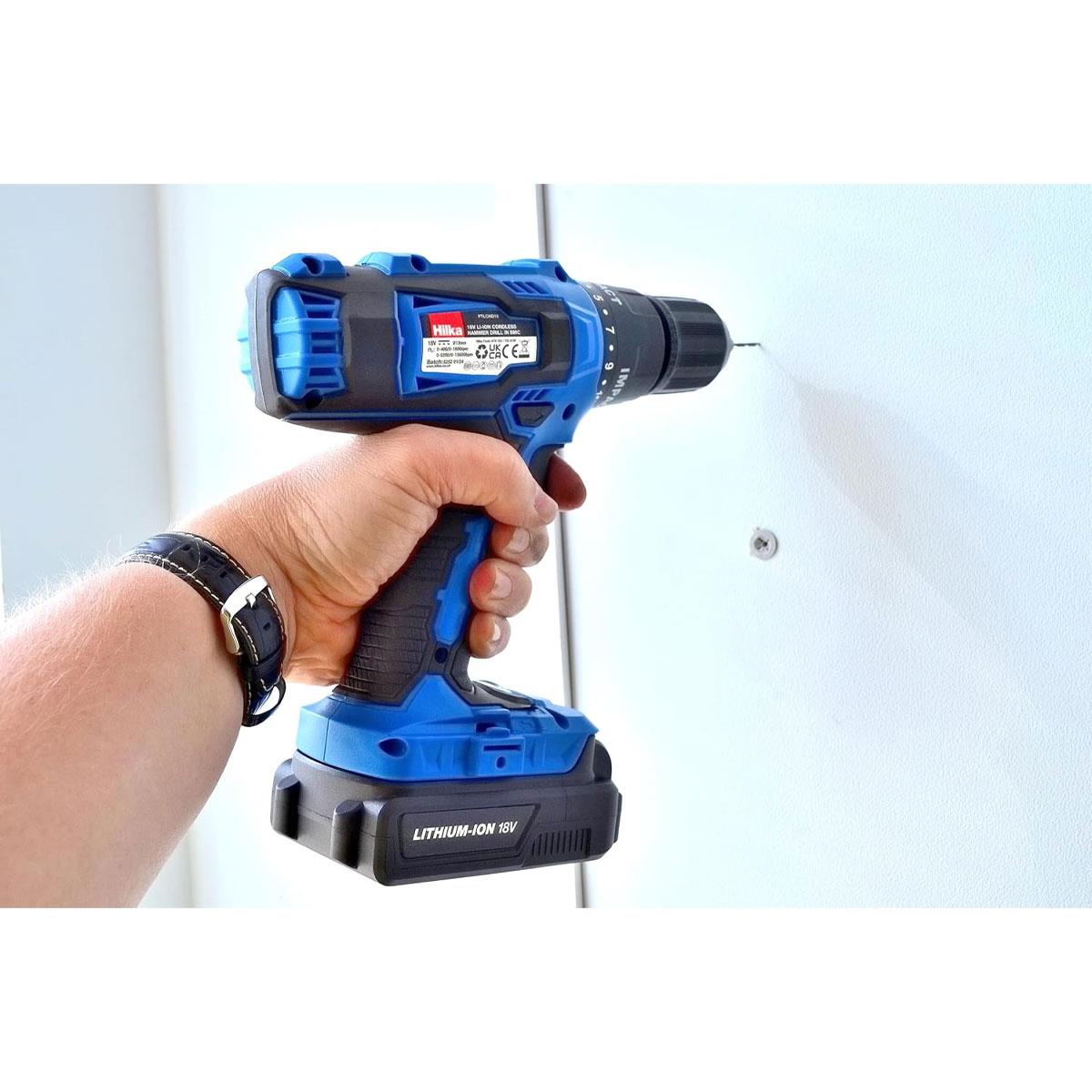 Hilka 18V Li-Ion Cordless Hammer Combi Drill 13mm Chuck 40Nm 1500mAh Case & 12 Bits - Image 2
