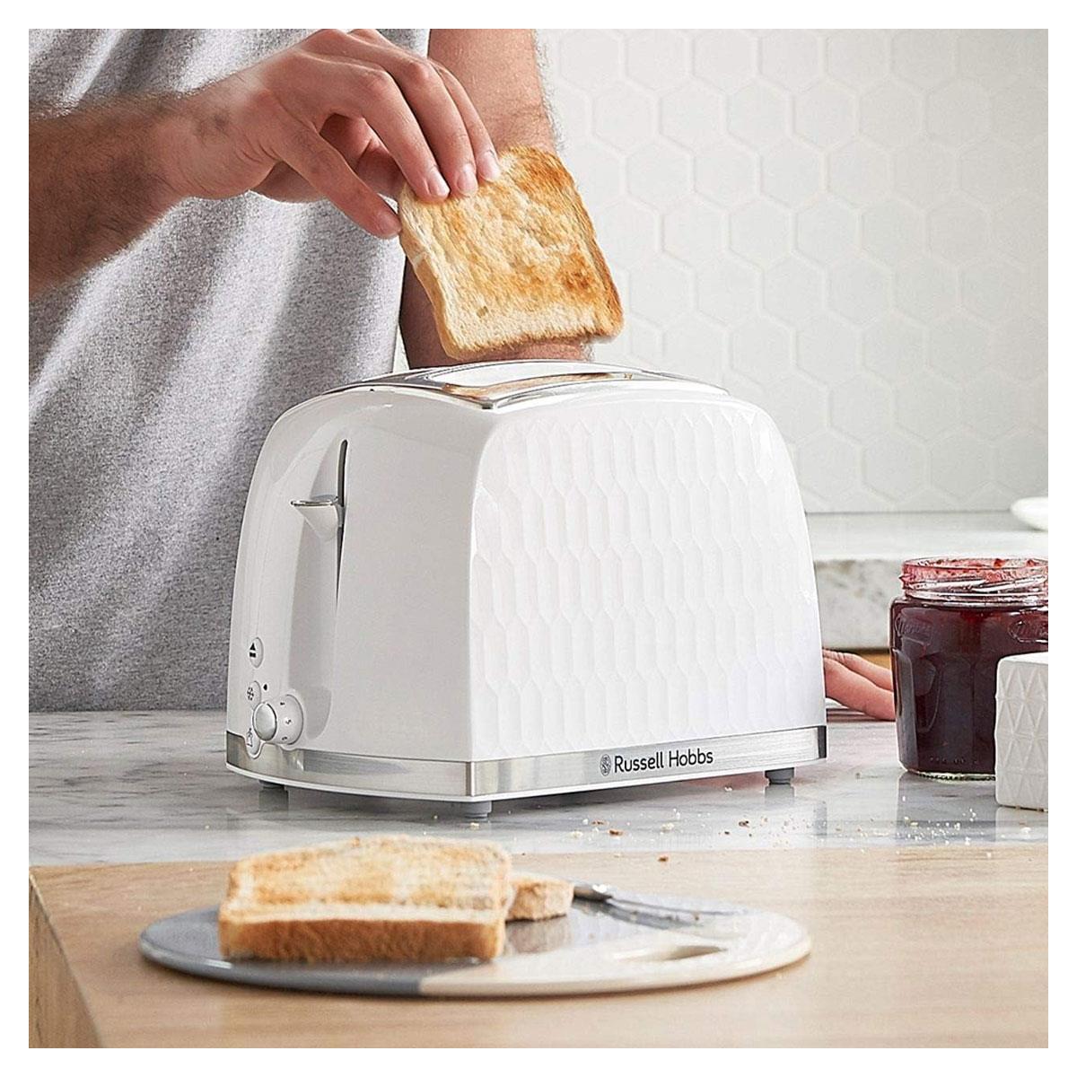 Russell Hobbs Honeycomb 2 Slice Toaster White 850W Extra Wide Slots High Lift 6 Browning Levels - Image 2