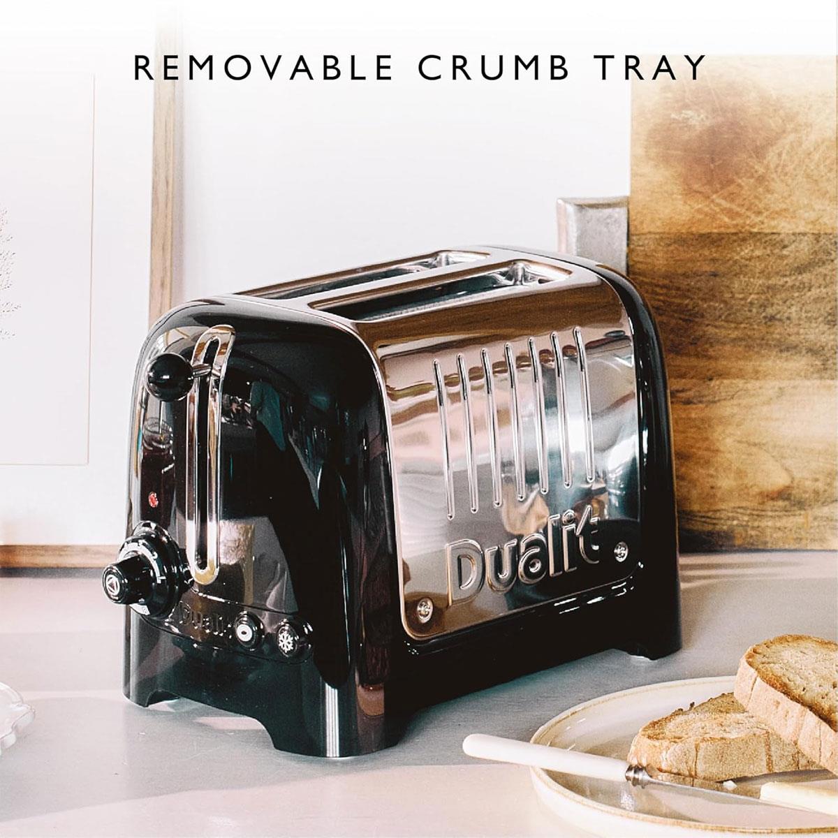 Dualit 2 Slice Lite Toaster 1.1kW Stainless Steel with High Gloss Black Trim 36mm Wide Slots Bagel & Defrost Functions - Image 6
