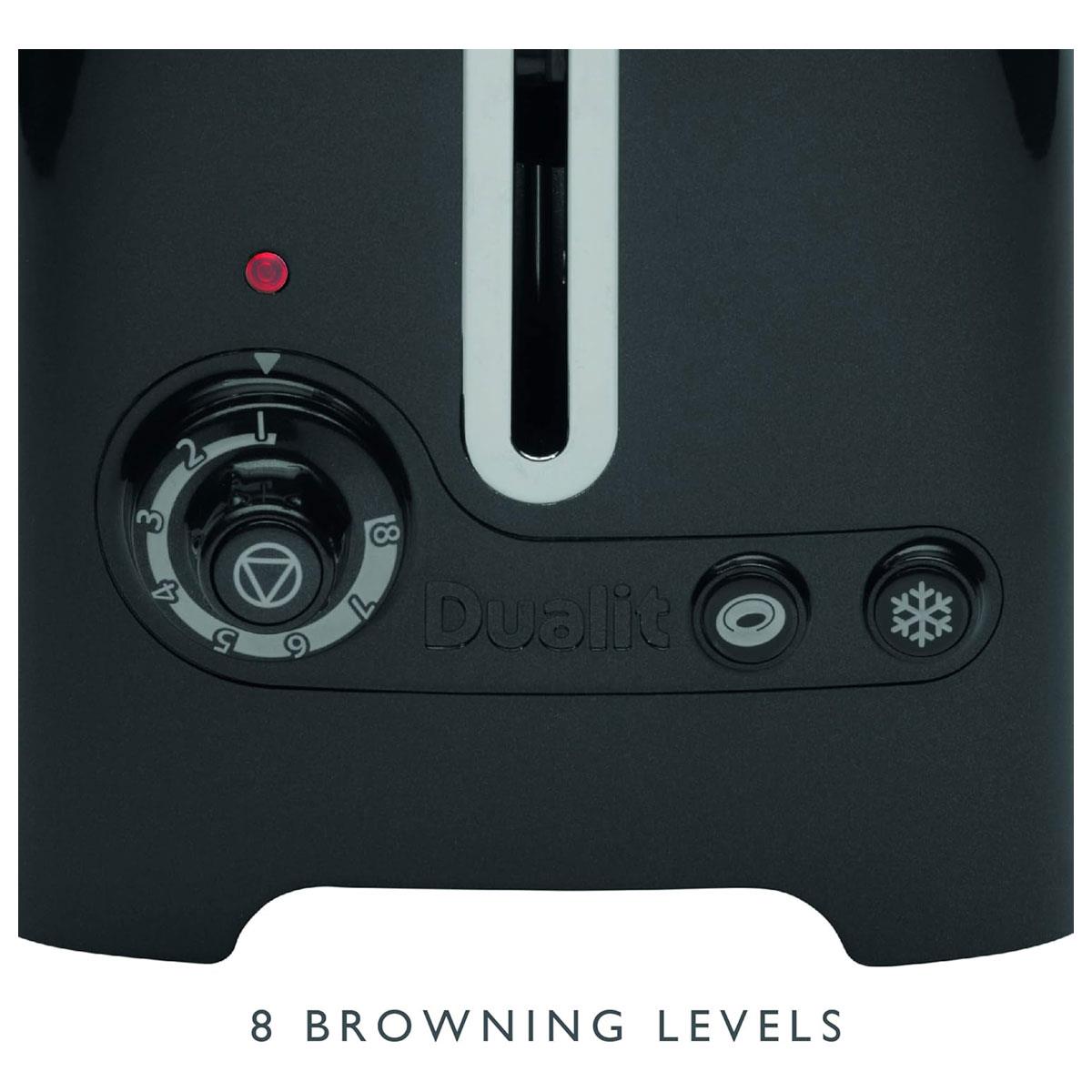 Dualit 2 Slice Lite Toaster 1.1kW Stainless Steel with High Gloss Black Trim 36mm Wide Slots Bagel & Defrost Functions - Image 7