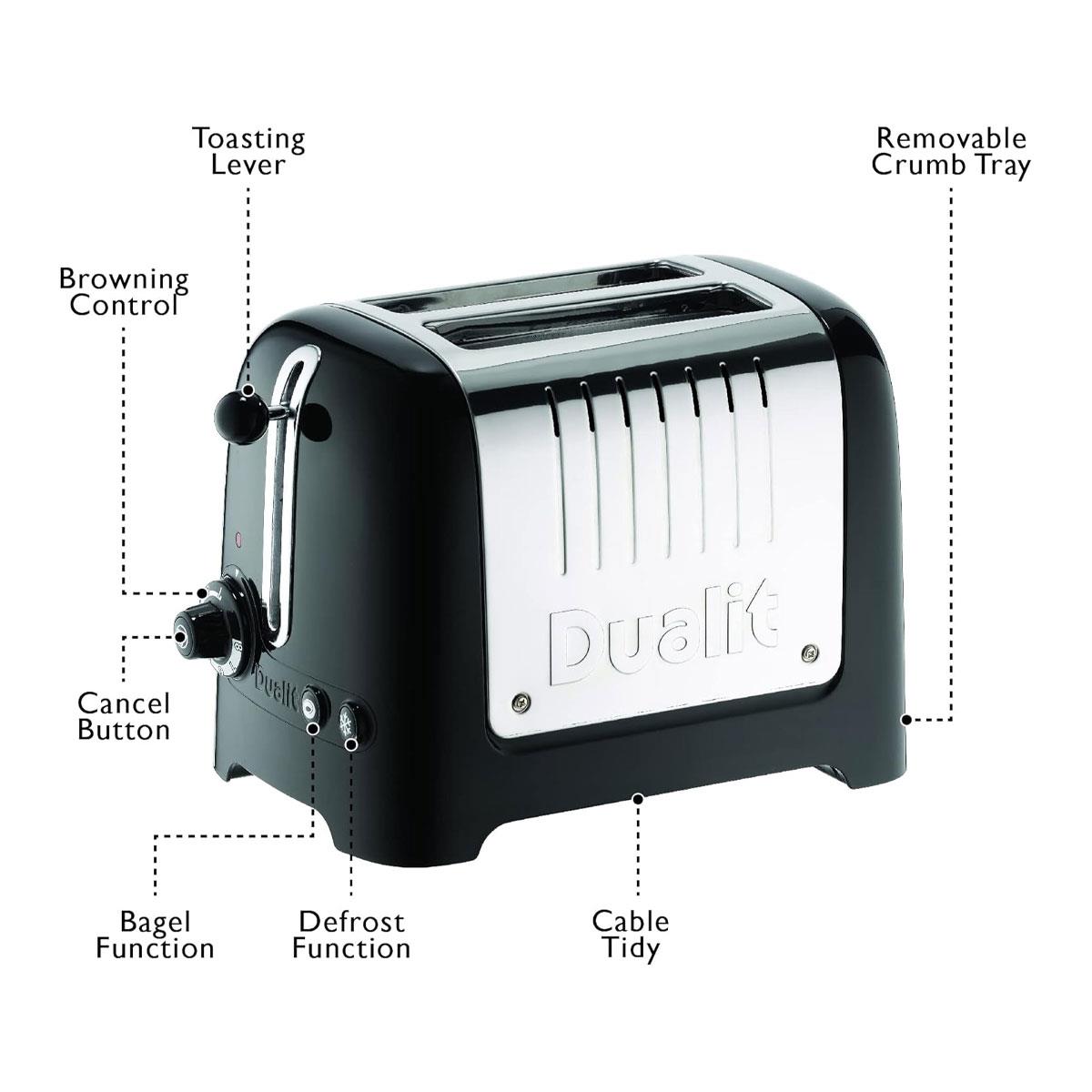 Dualit 2 Slice Lite Toaster 1.1kW Stainless Steel with High Gloss Black Trim 36mm Wide Slots Bagel & Defrost Functions - Image 9
