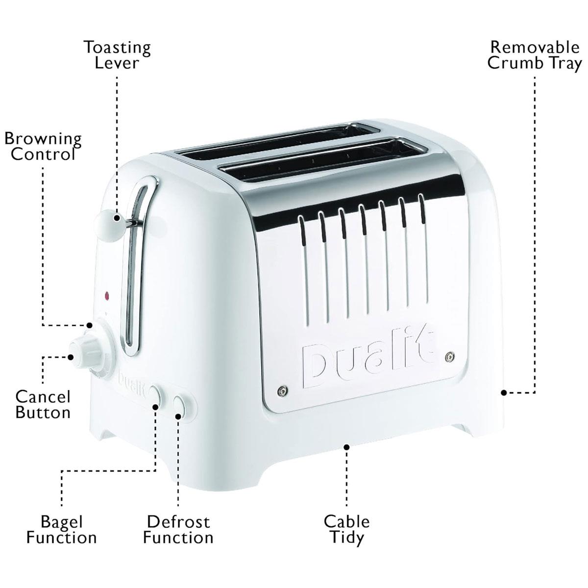 Dualit Lite 2 Slice Toaster White 1.1kW Stainless Steel with Wide Slots Bagel & Defrost Settings - Image 9