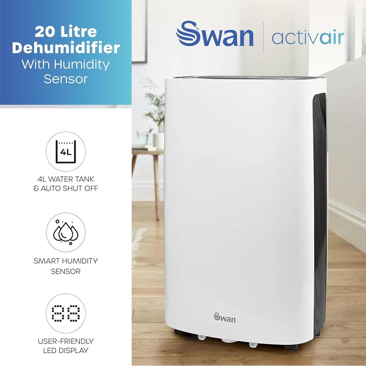 Swan 20L Dehumidifier With LED Display 4L Water Tank Auto Shut Off Humidity Sensor And 24 Hour Timer White - Image 3