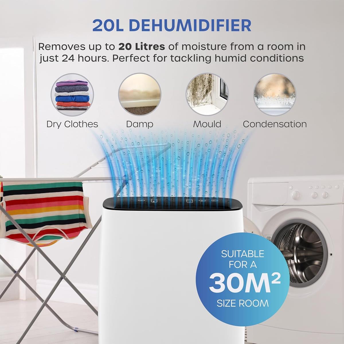 Swan 20L Dehumidifier With LED Display 4L Water Tank Auto Shut Off Humidity Sensor And 24 Hour Timer White - Image 4
