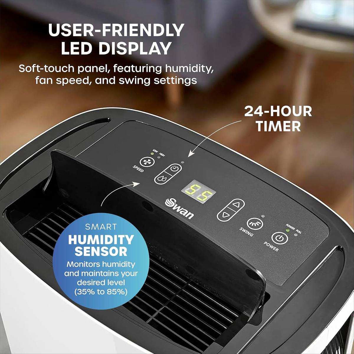 Swan 20L Dehumidifier With LED Display 4L Water Tank Auto Shut Off Humidity Sensor And 24 Hour Timer White - Image 6