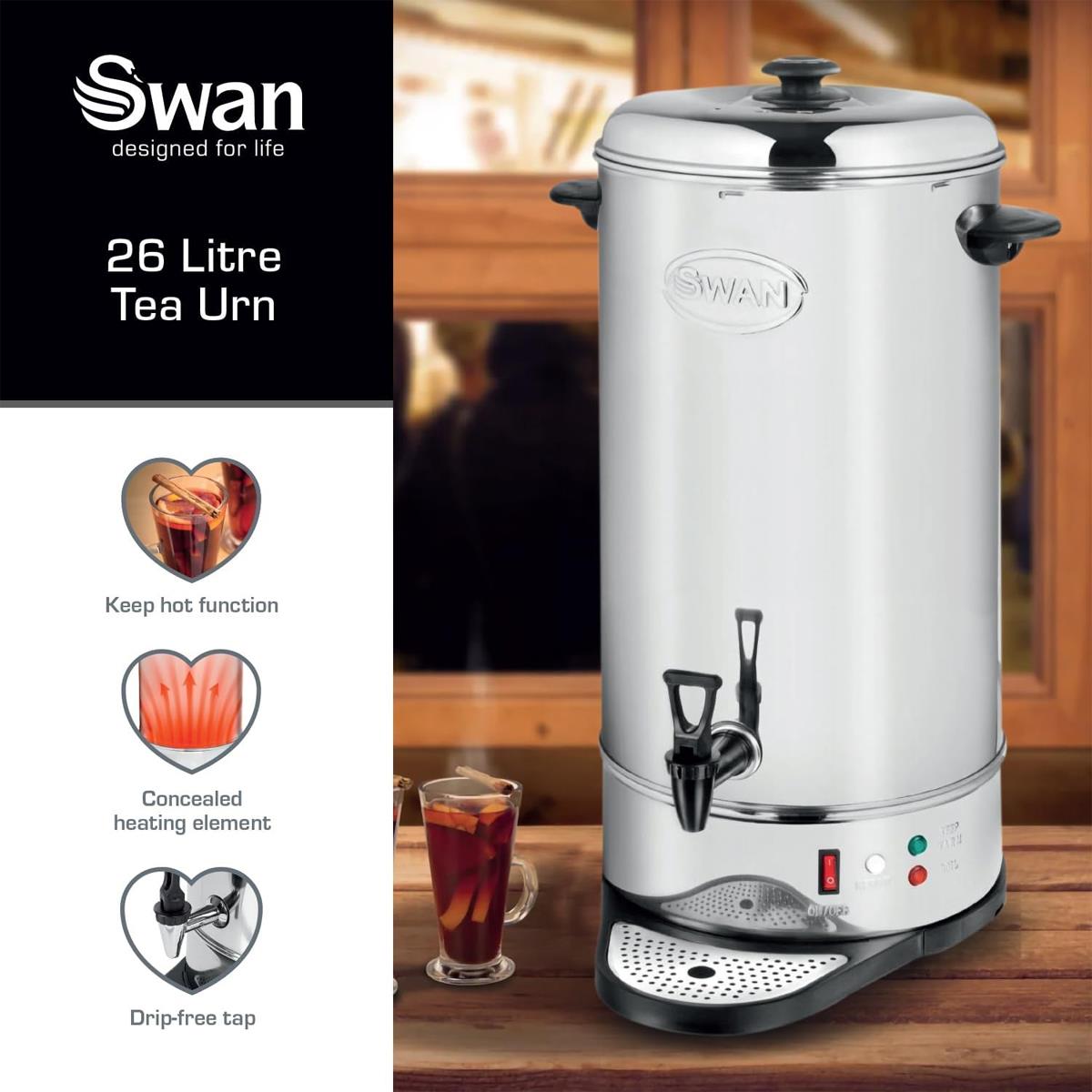 Swan Catering Urn 26L 2500W Stainless Steel Automatic Temperature Control Concealed Heating Drip Tray - Image 3