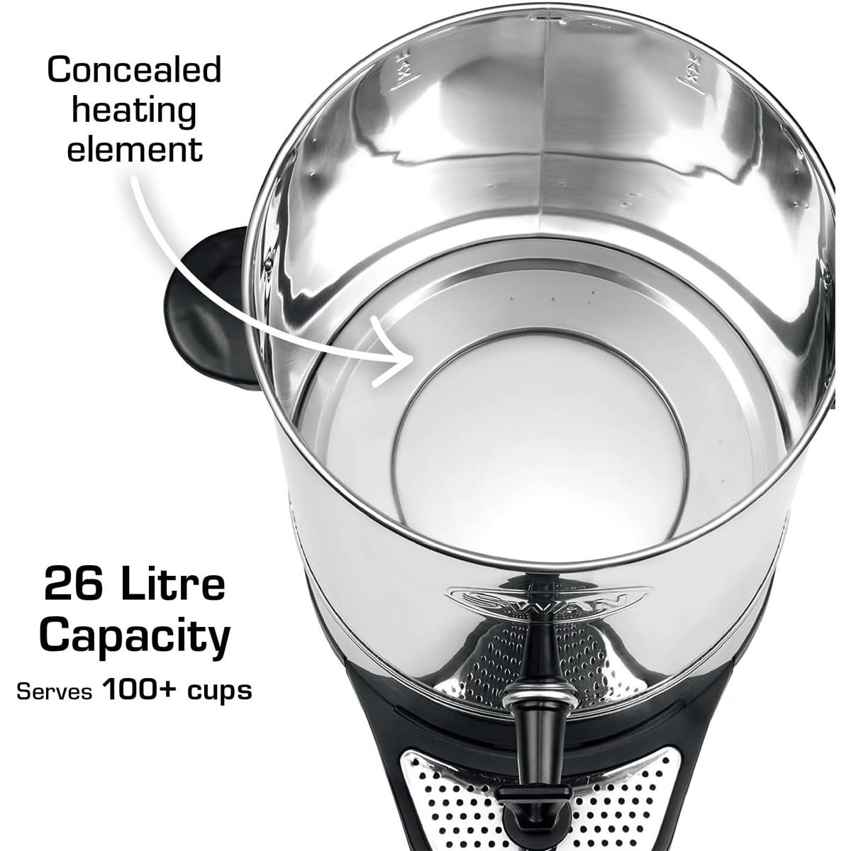 Swan Catering Urn 26L 2500W Stainless Steel Automatic Temperature Control Concealed Heating Drip Tray - Image 4
