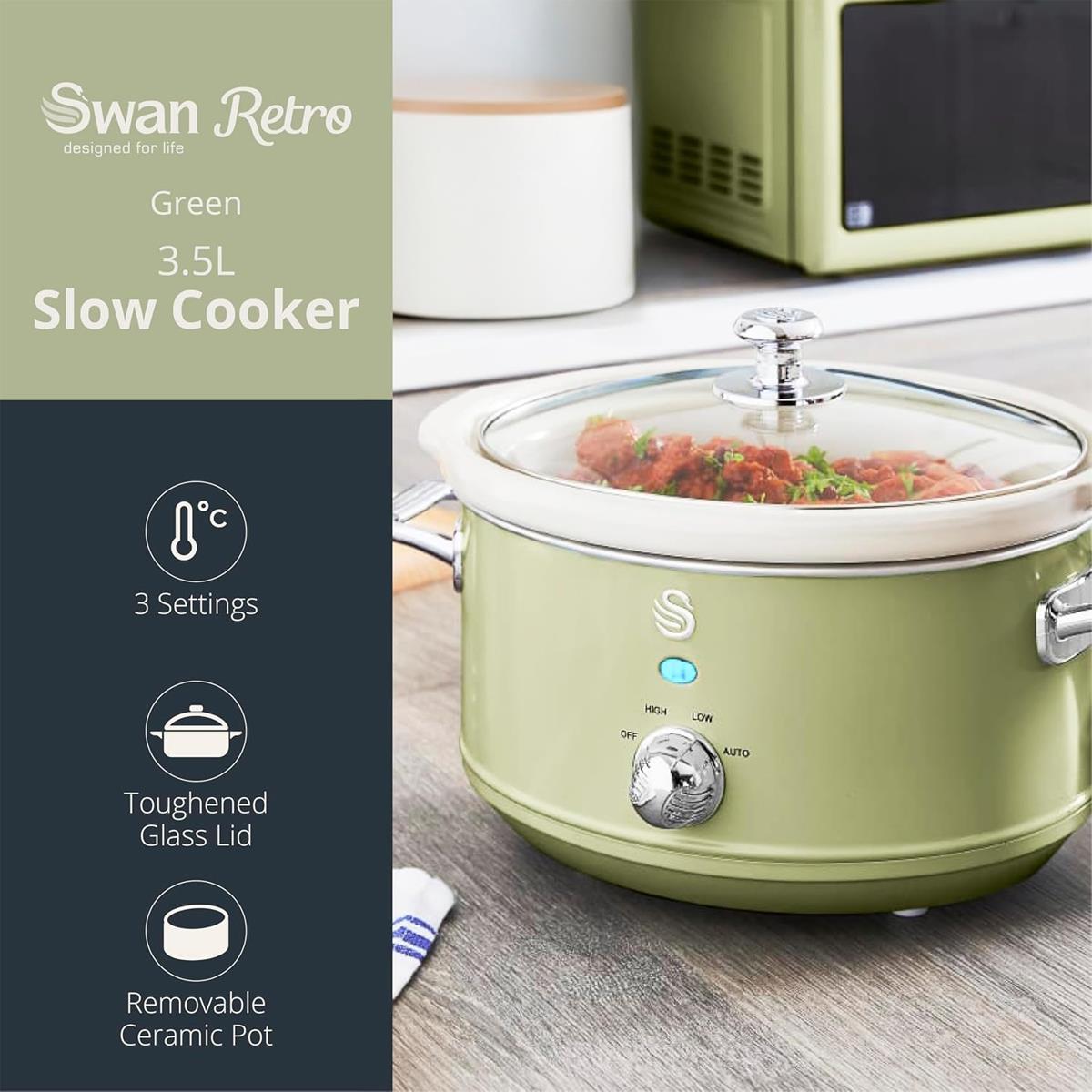 Swan Retro Slow Cooker 3.5L 200W 3 Heat Settings Ceramic Pot Keep Warm Function Green - Image 4