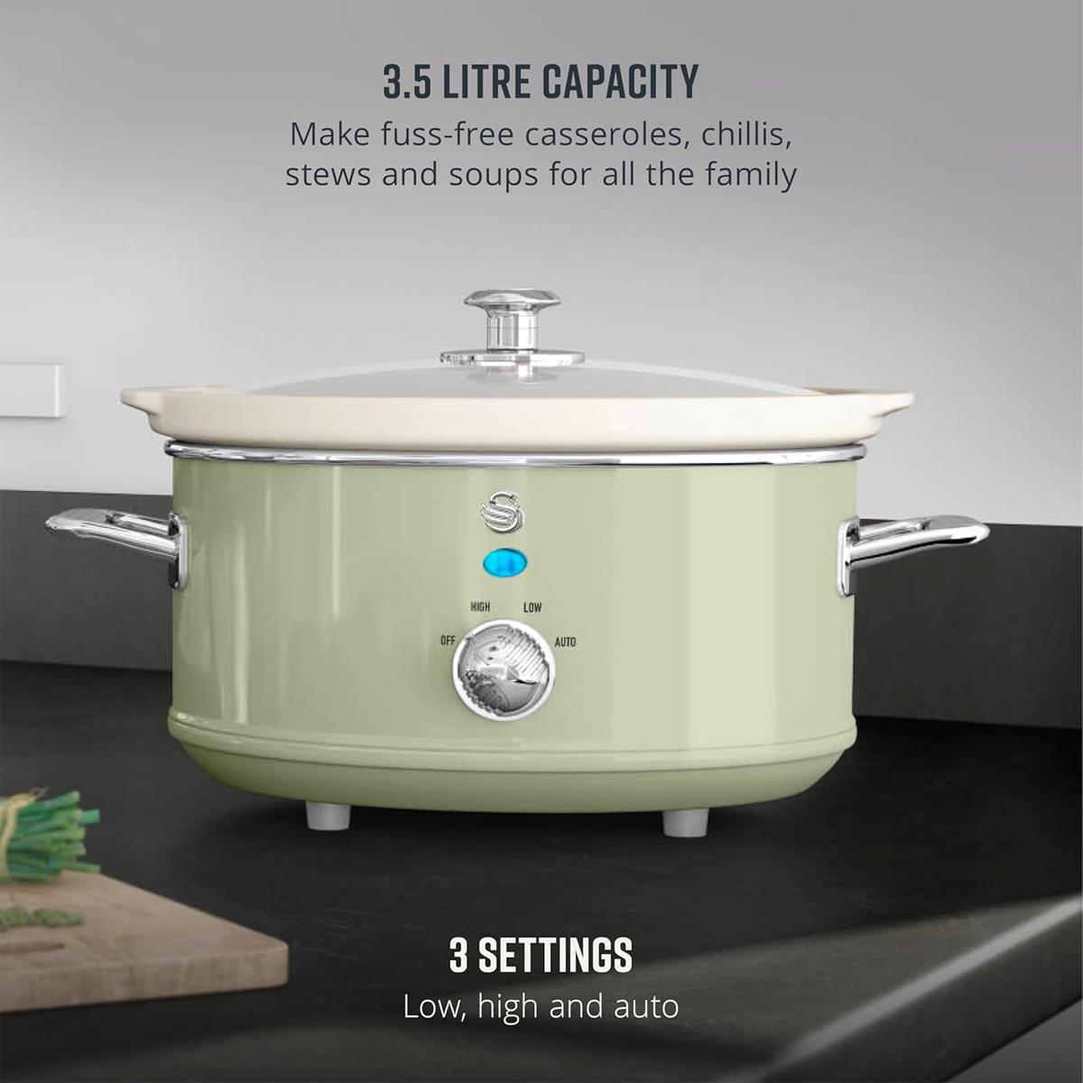Swan Retro Slow Cooker 3.5L 200W 3 Heat Settings Ceramic Pot Keep Warm Function Green - Image 5
