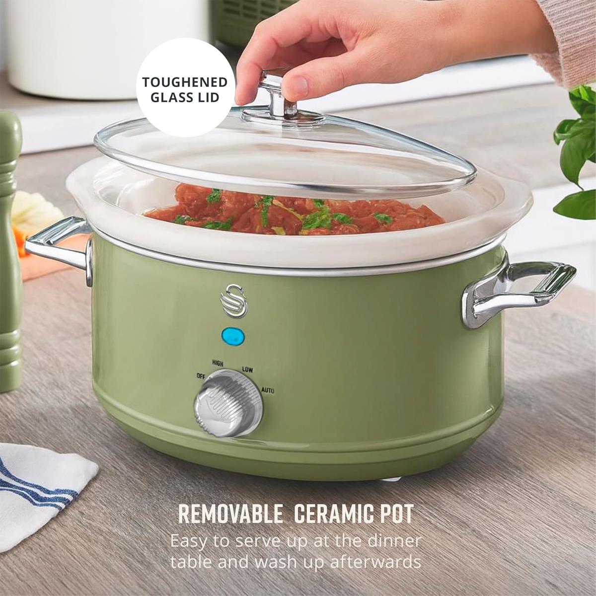 Swan Retro Slow Cooker 3.5L 200W 3 Heat Settings Ceramic Pot Keep Warm Function Green - Image 7