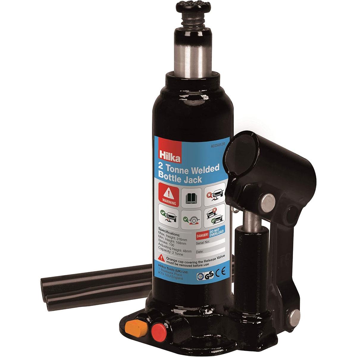Hilka 2 Tonne Welded Bottle Jack 168–316mm Adjustable Alloy Steel Black with Blow Mould Case