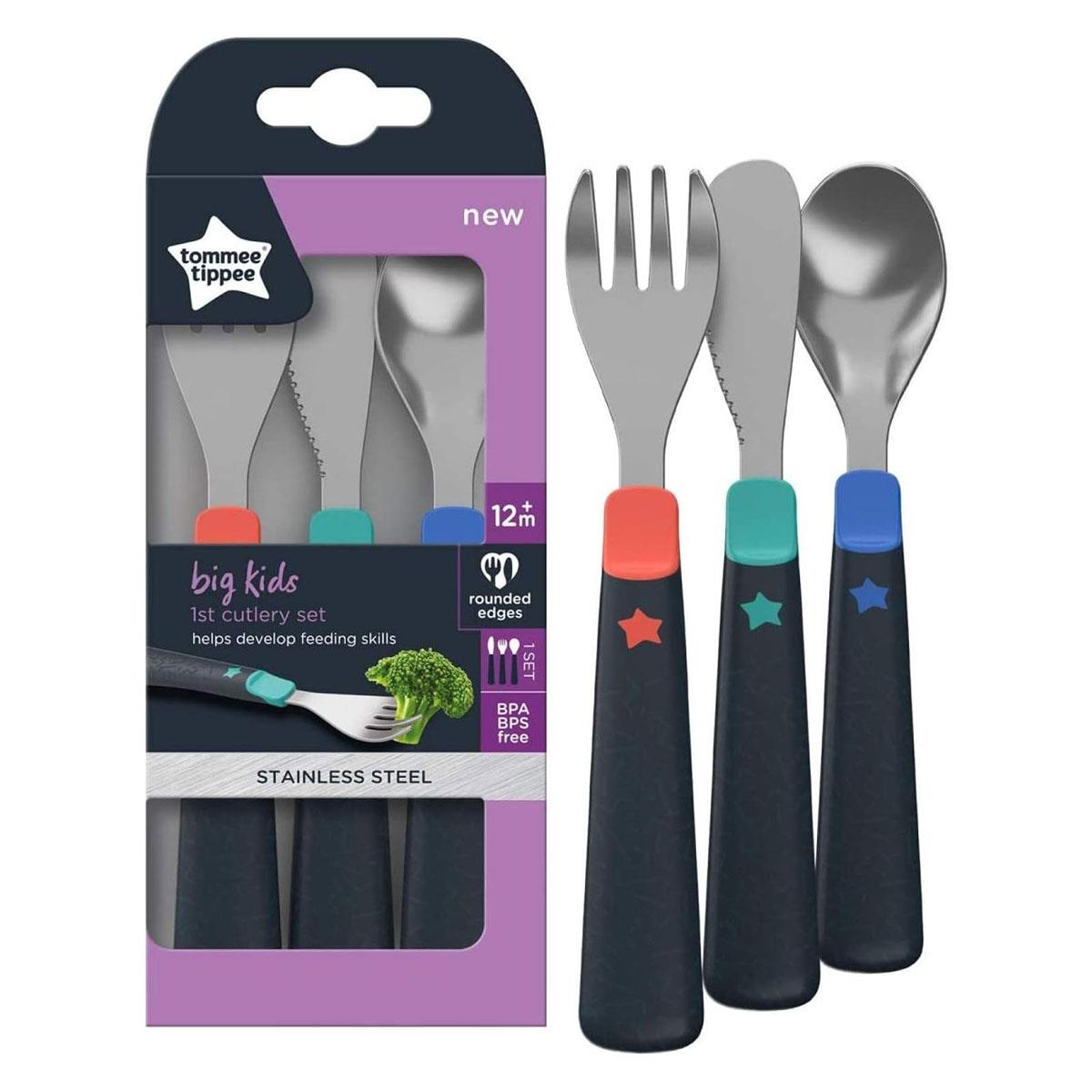 Tommee Tippee First Cutlery Set 12m+ Stainless Steel Knife Fork Spoon Chunky Handles BPA Free 3 Piece