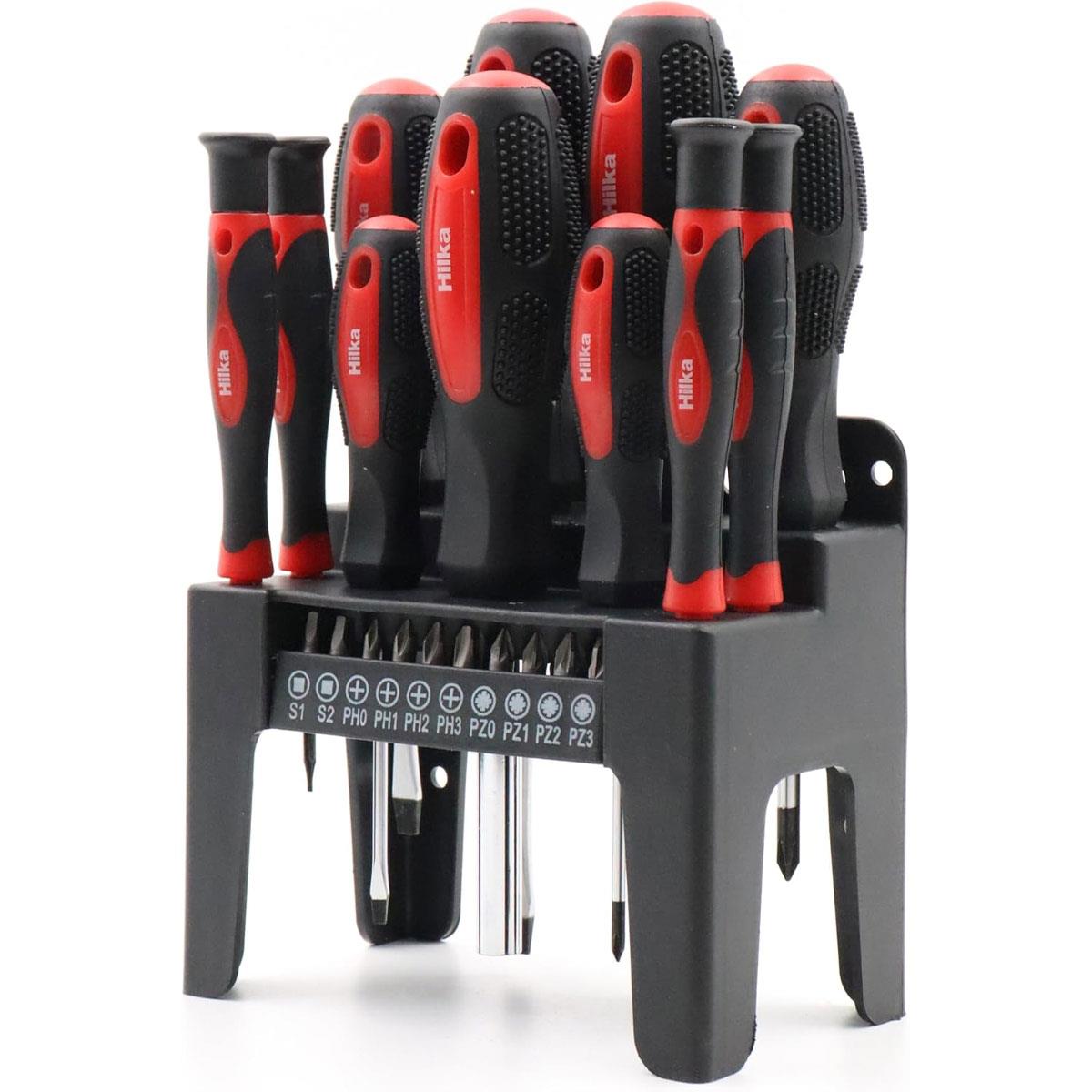 Hilka 21 Piece Screwdriver Set Chrome Vanadium Steel Phillips Slotted & Torx Red Soft Grip Handles with Storage Stand