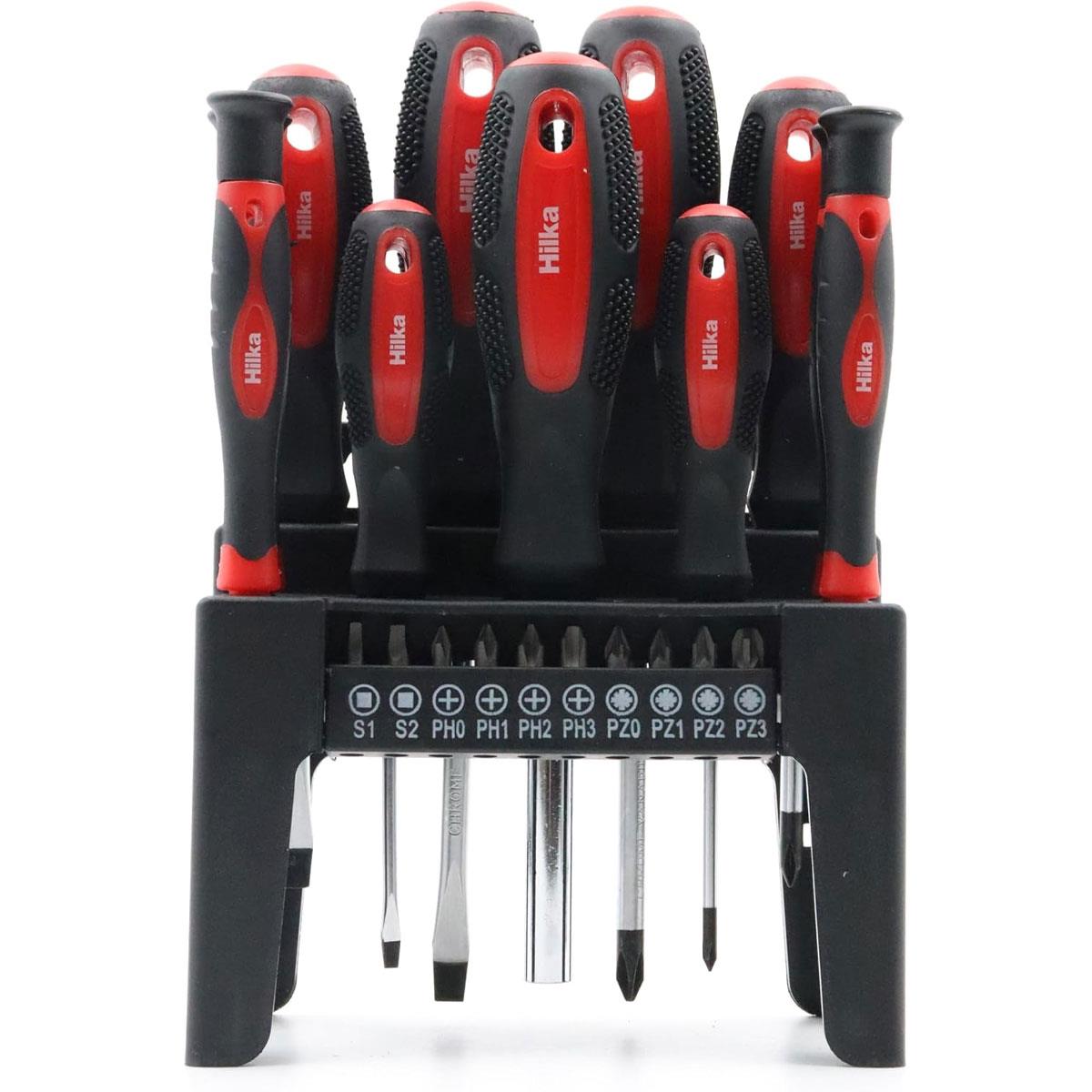 Hilka 21 Piece Screwdriver Set Chrome Vanadium Steel Phillips Slotted & Torx Red Soft Grip Handles with Storage Stand - Image 2