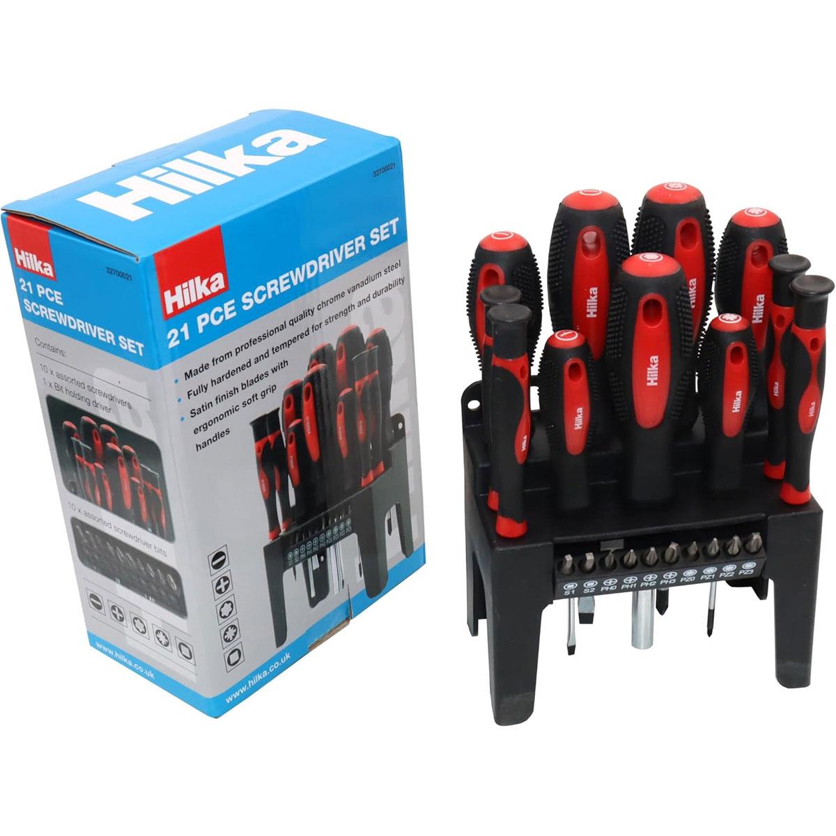 Hilka 21 Piece Screwdriver Set Chrome Vanadium Steel Phillips Slotted & Torx Red Soft Grip Handles with Storage Stand - Image 4