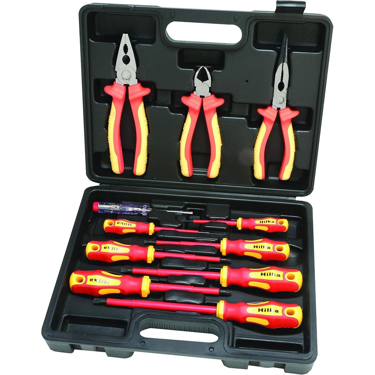 Hilka VDE Screwdriver and Plier Set 11-Piece 1000V Insulated Red/Yellow Storage Case