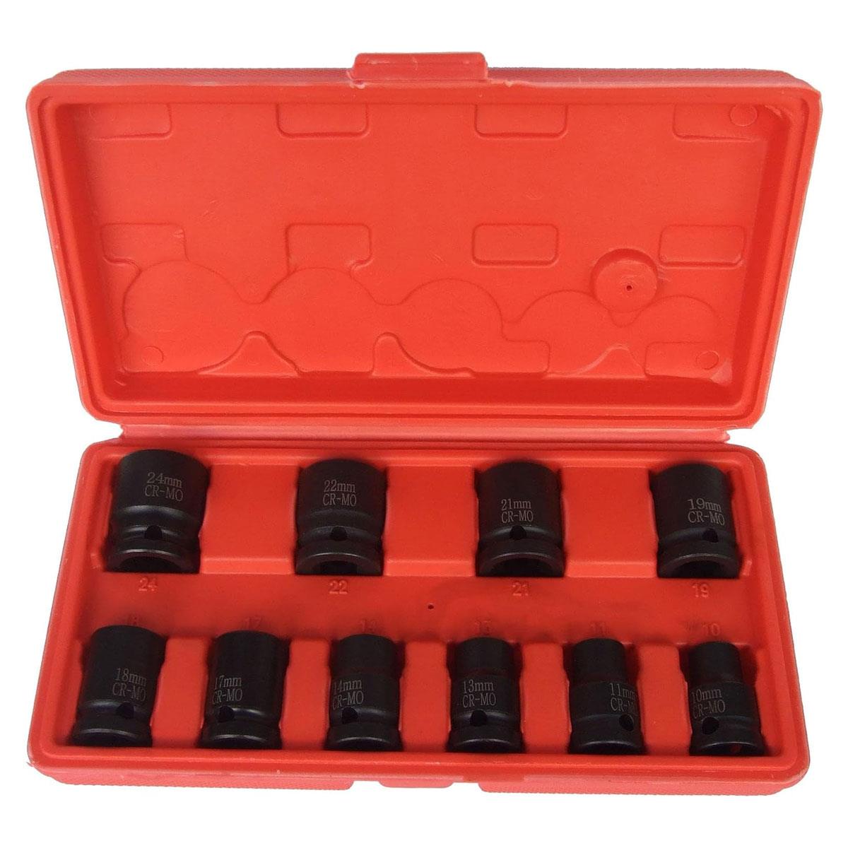 Hilka Pro Craft 1/2-Inch Drive Metric Impact Socket Set 10-Piece Chrome Vanadium Steel Black Finish 10–24mm