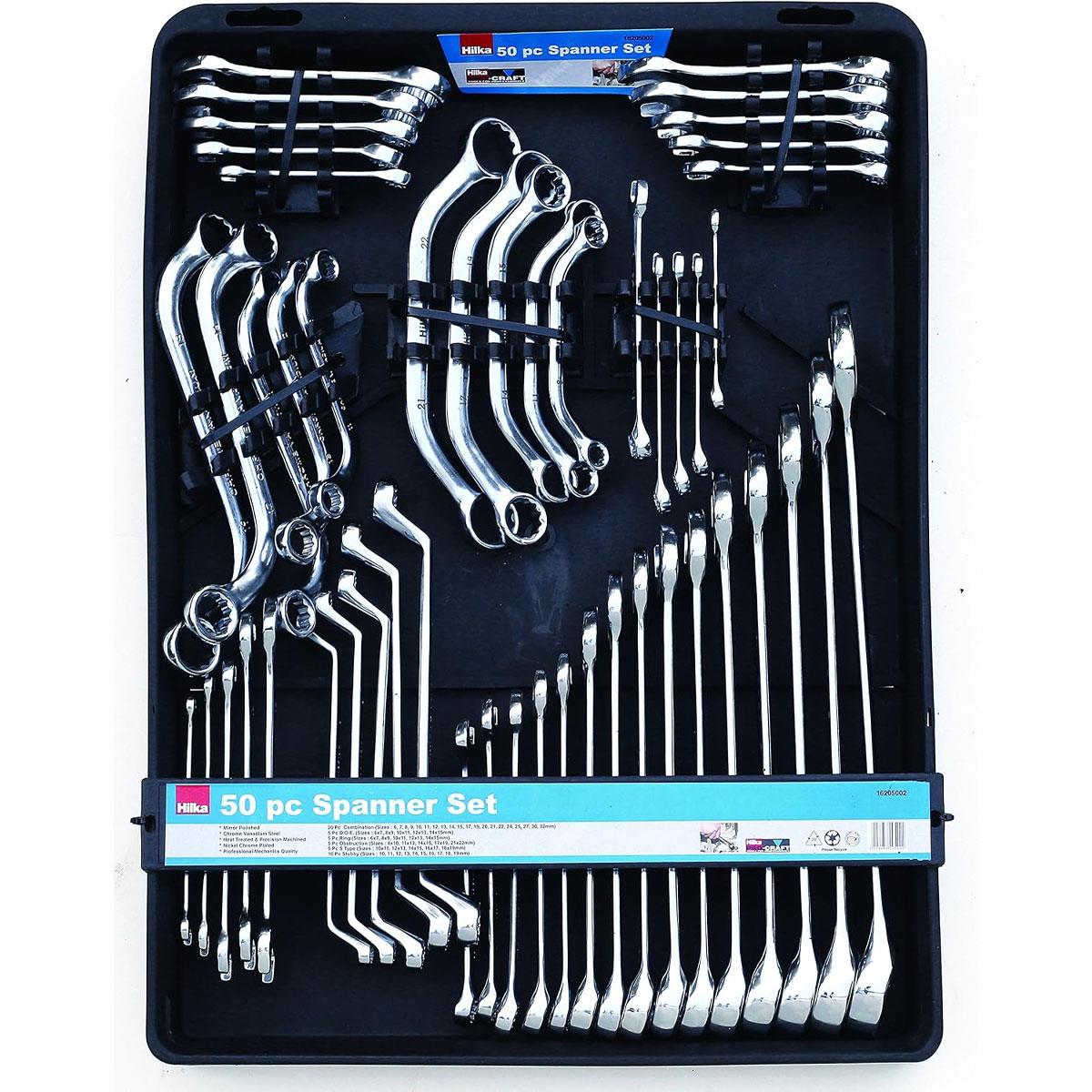 Hilka 50 Piece Metric Spanner Set 6-32mm Chrome Vanadium Steel Combination Ring Open End & Stubby Wrenches