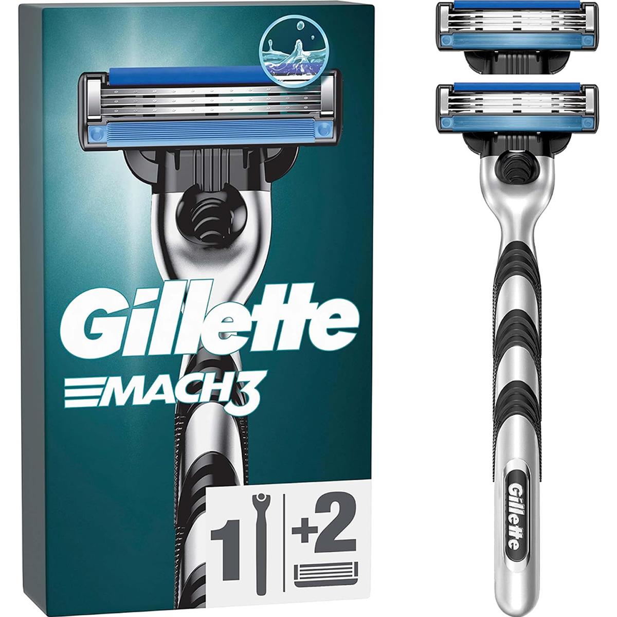 Gillette Mach3 Men's Razor With 2 Blade Refills 3 Anti-Friction Blades Lubricating Strip, Pivoting Head