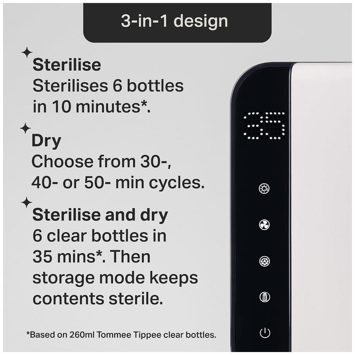 Tommee Tippee UV Baby Bottle Steriliser White 6 Bottle Capacity UV Sterilisation and Drying Storage Mode - Image 6