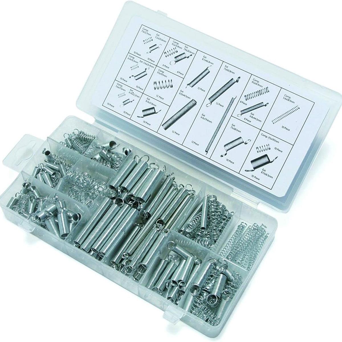 Hilka Spring Assortment 200 Piece Extension & Compression Spring Set 0.5-0.7mm Spring Steel Silver