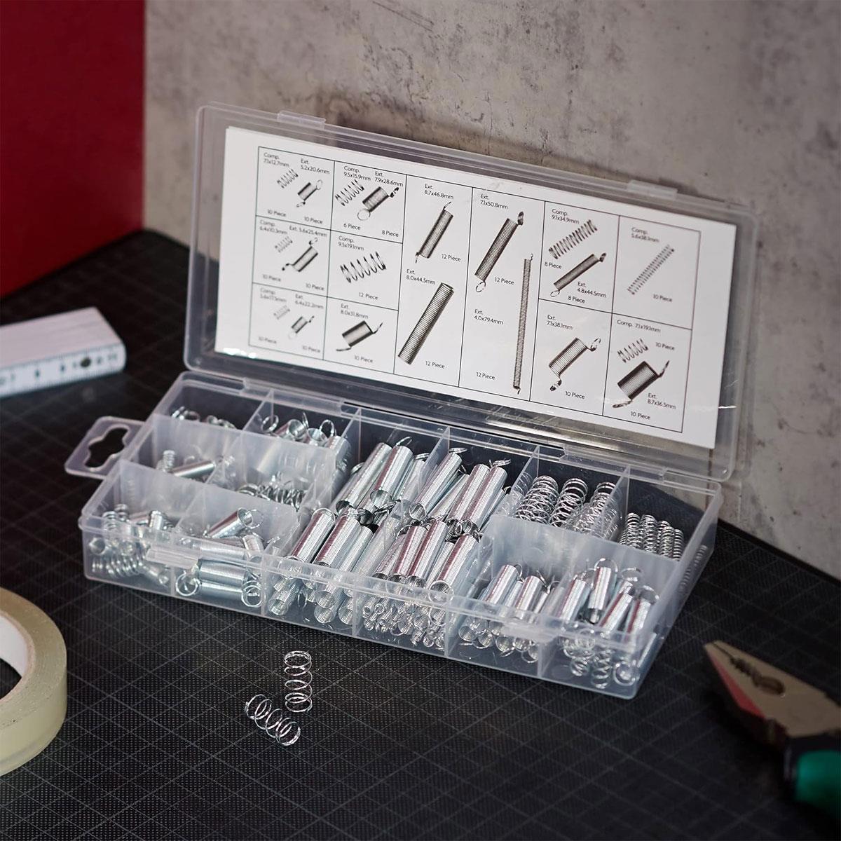 Hilka Spring Assortment 200 Piece Extension & Compression Spring Set 0.5-0.7mm Spring Steel Silver - Image 2