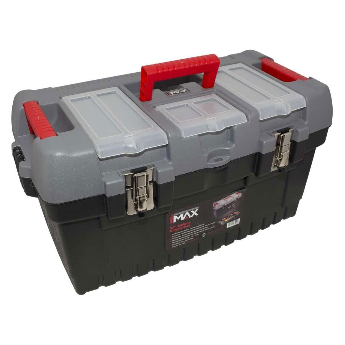 Hilka Max 22" Toolbox & Organiser Metal Tool Box with Removable Tote Tray Black/Grey