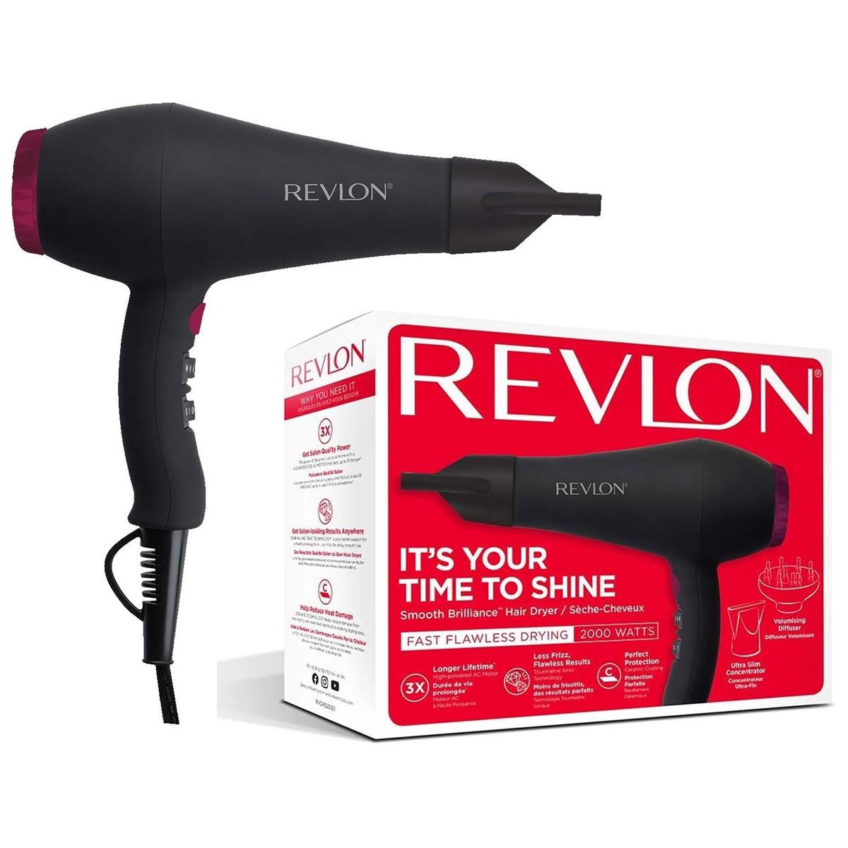 Revlon Smooth Brilliance Hair Dryer 2000W Ionic Tourmaline Ceramic Diffuser And Concentrator Black