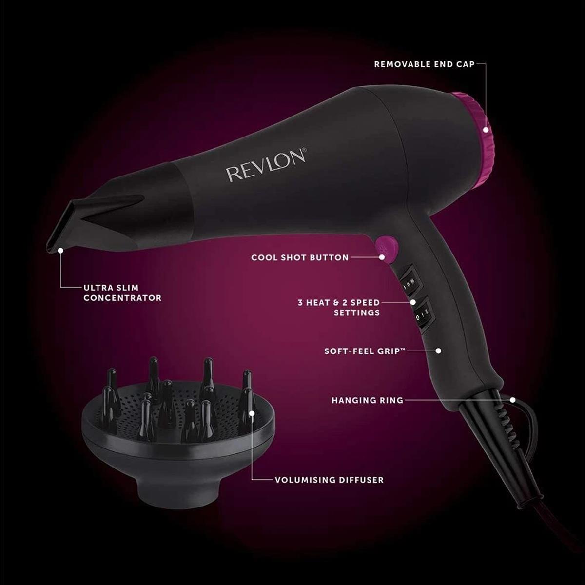 Revlon Smooth Brilliance Hair Dryer 2000W Ionic Tourmaline Ceramic Diffuser And Concentrator Black - Image 5