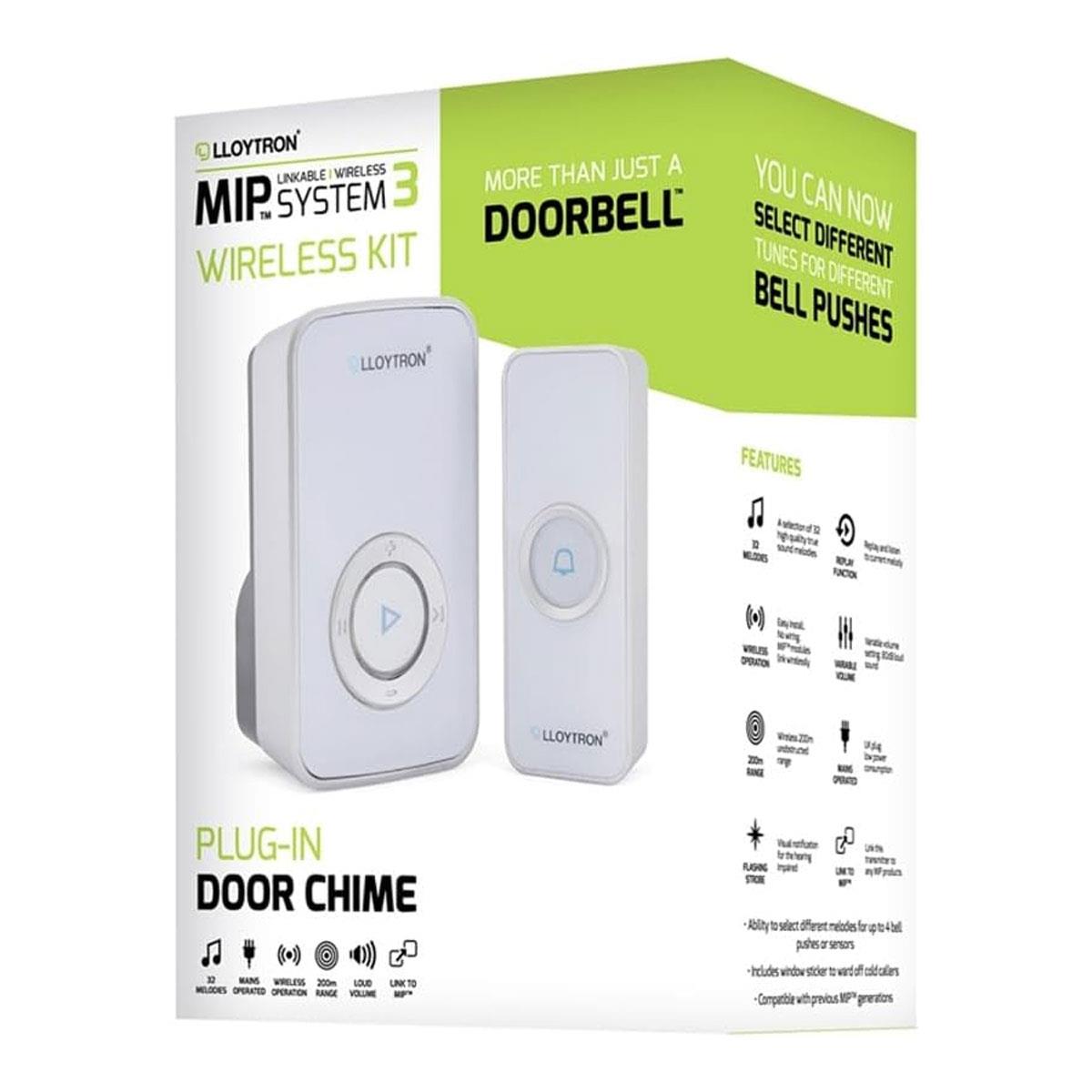 Lloytron MIP3 Wireless Doorbell Kit 32 Melodies 200m Range Plug-In Chime Waterproof Bell Push White - Image 3