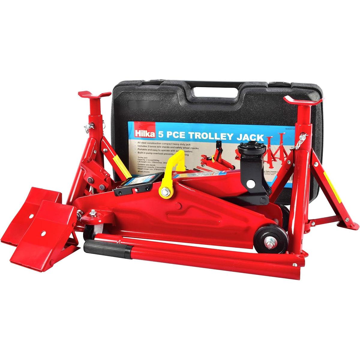 Hilka 2 Tonne Trolley Jack Kit Alloy Steel Red 2 Axle Stands & Wheel Chocks