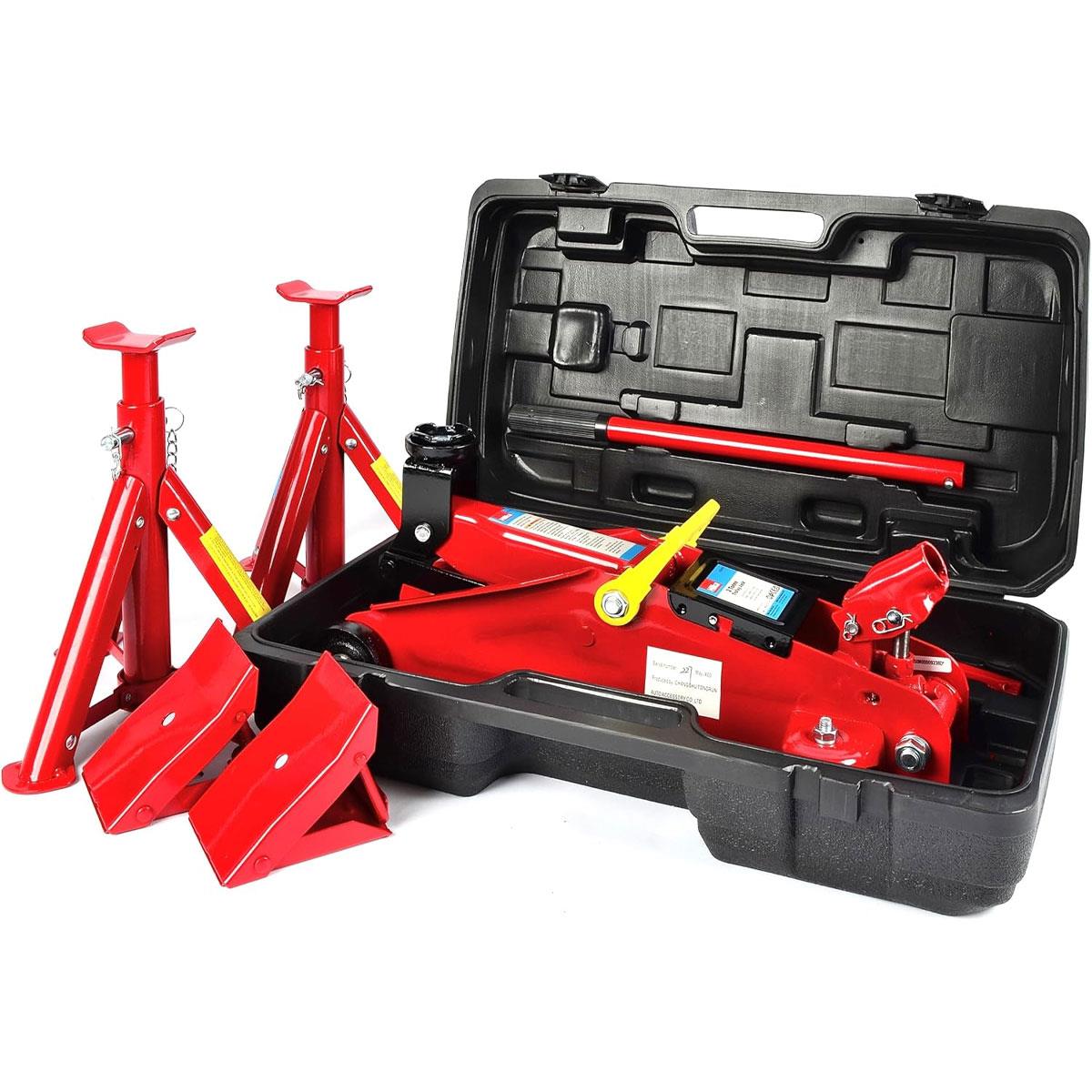 Hilka 2 Tonne Trolley Jack Kit Alloy Steel Red 2 Axle Stands & Wheel Chocks - Image 2