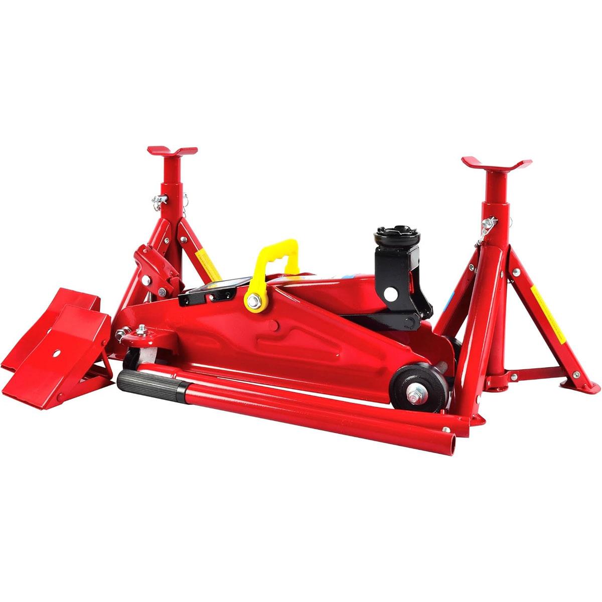 Hilka 2 Tonne Trolley Jack Kit Alloy Steel Red 2 Axle Stands & Wheel Chocks - Image 3
