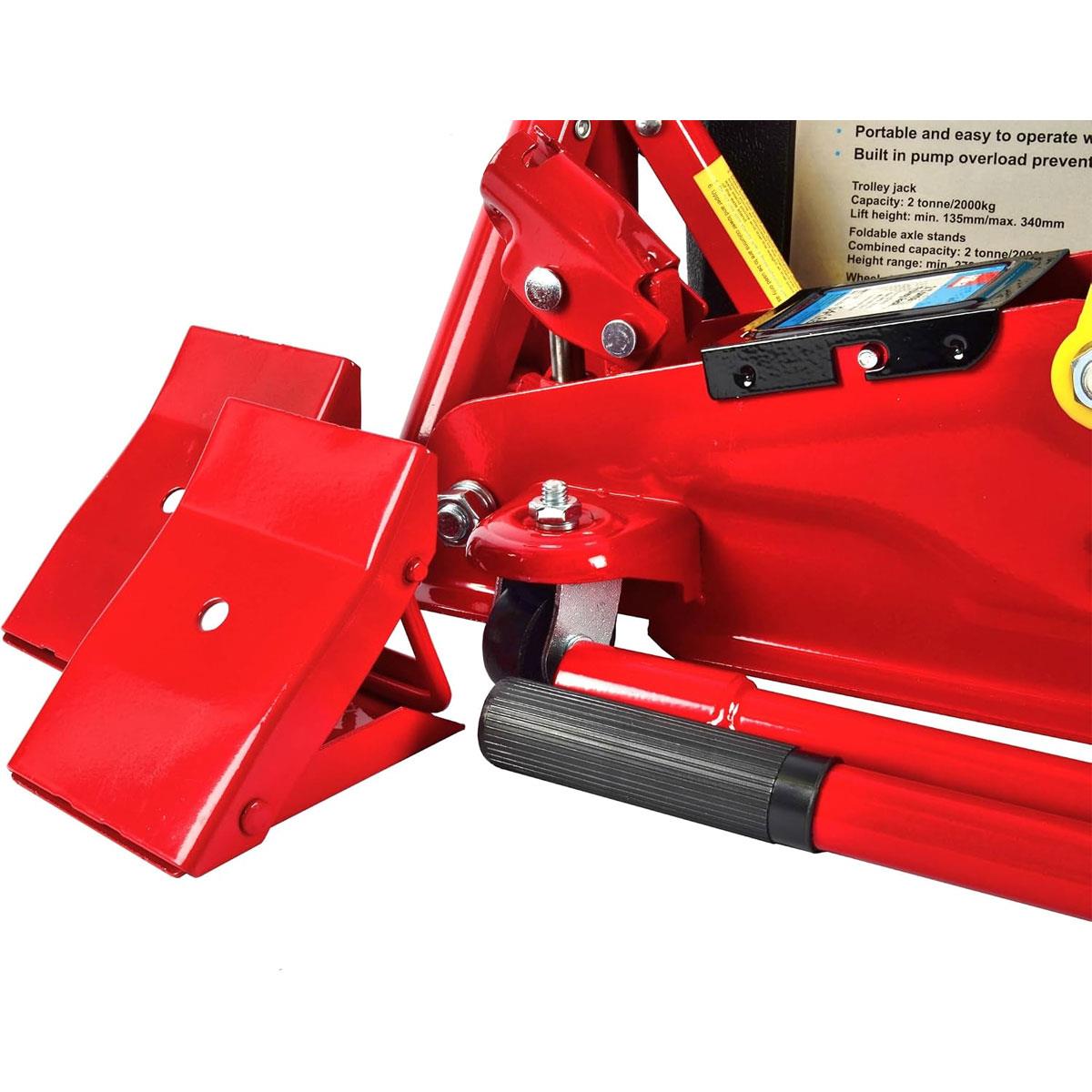 Hilka 2 Tonne Trolley Jack Kit Alloy Steel Red 2 Axle Stands & Wheel Chocks - Image 5