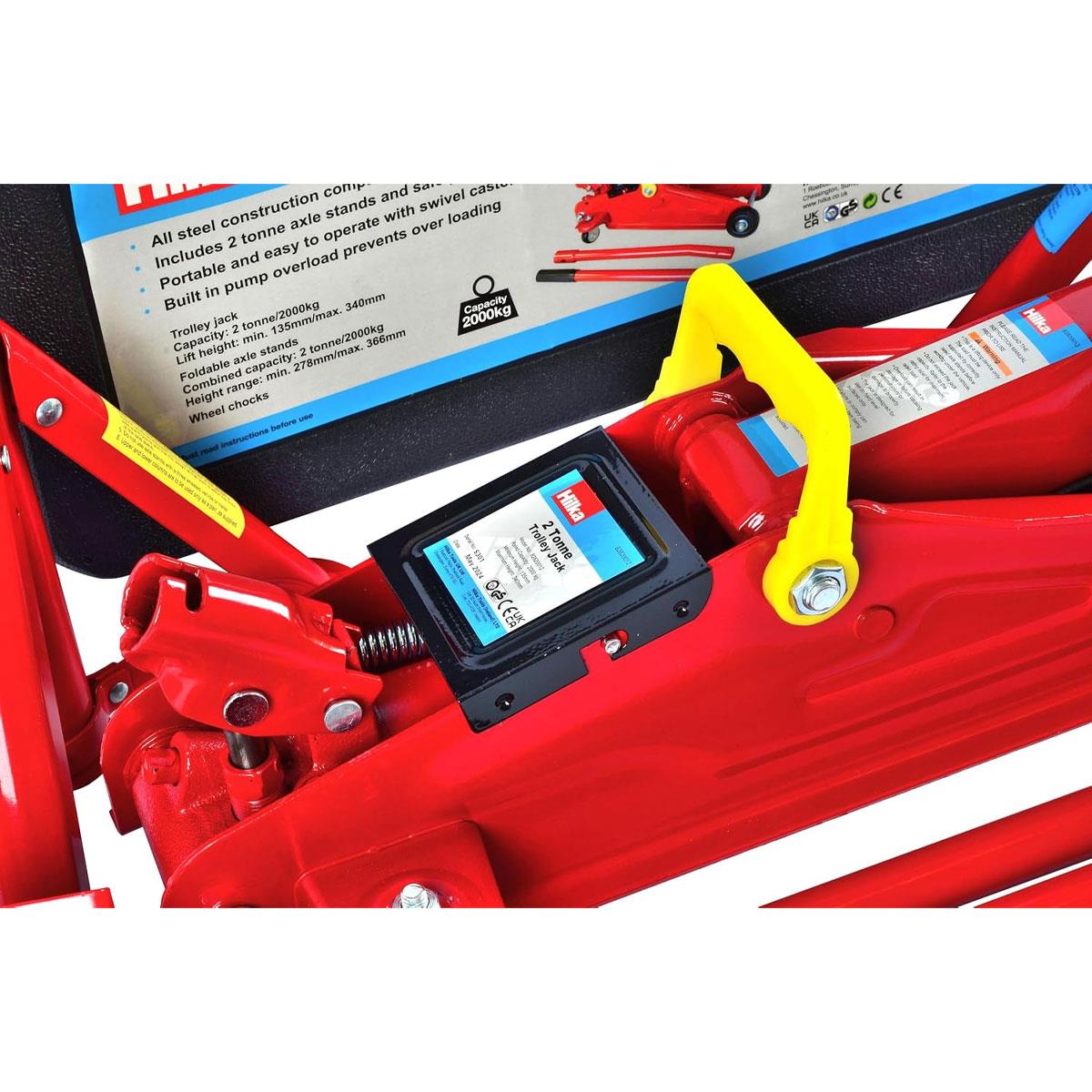 Hilka 2 Tonne Trolley Jack Kit Alloy Steel Red 2 Axle Stands & Wheel Chocks - Image 6