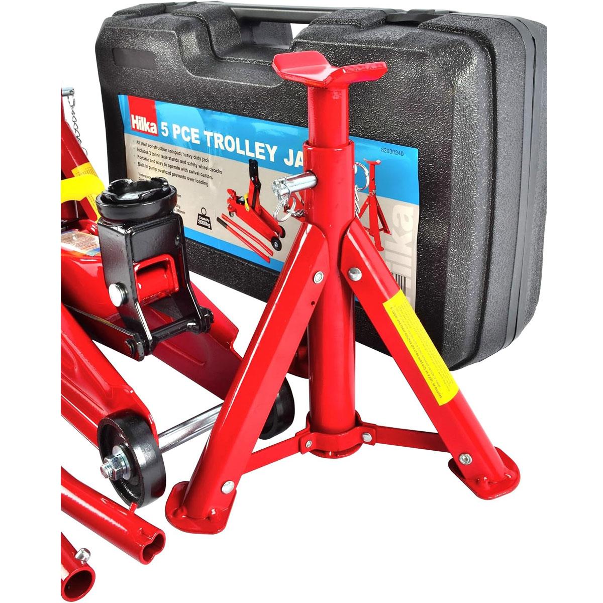 Hilka 2 Tonne Trolley Jack Kit Alloy Steel Red 2 Axle Stands & Wheel Chocks - Image 7