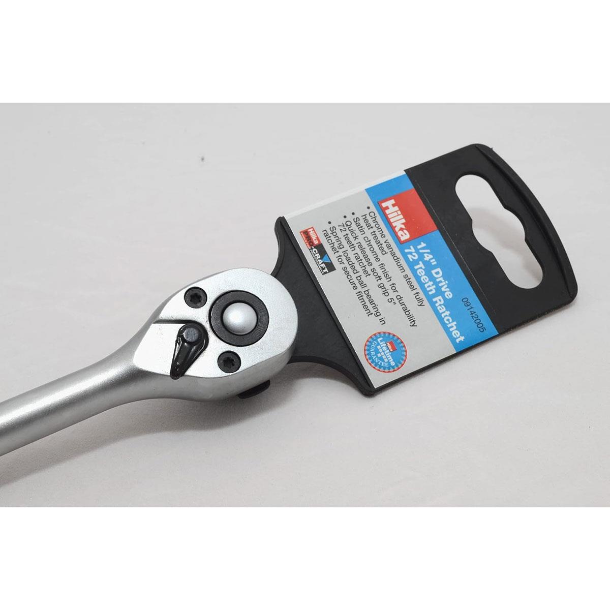 Hilka 1/4" Drive 72-Tooth Quick Release Ratchet 130mm Chrome Vanadium Steel Soft Grip - Image 2