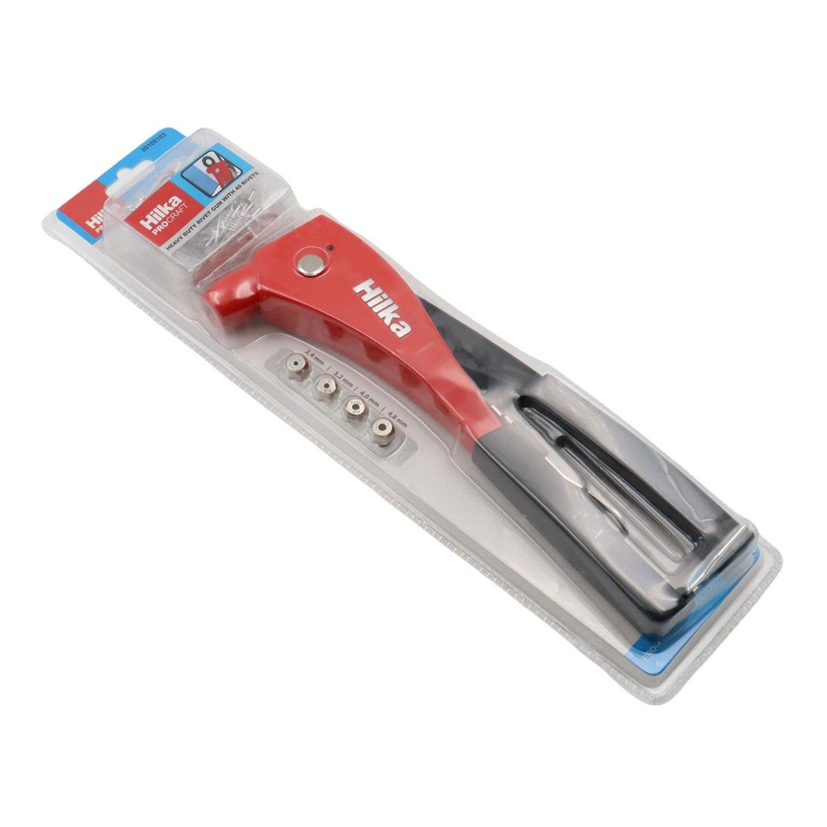 Hilka Rivet Gun with 40 Rivets Die Cast Aluminium Body 4 Interchangeable Heads 2.4-4.8mm