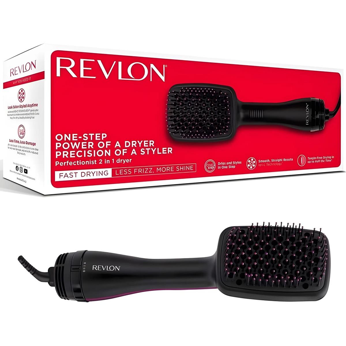 Revlon Perfectionist 2-in-1 Ionising Paddle Brush Hair Dryer 1000W 2 Heat Settings Cool Shot Black