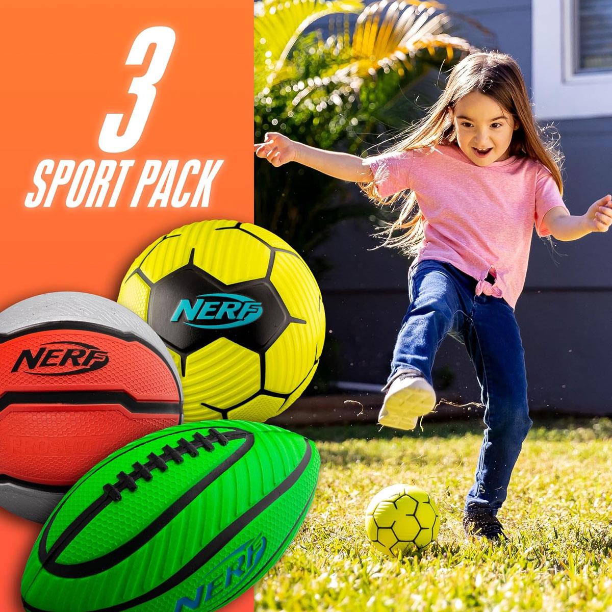 Nerf Mini Foam Sports Ball Set Football Soccer Ball and Basketball Soft Foam Sports Toys for Kids 3+ Green Orange Yellow - Image 2