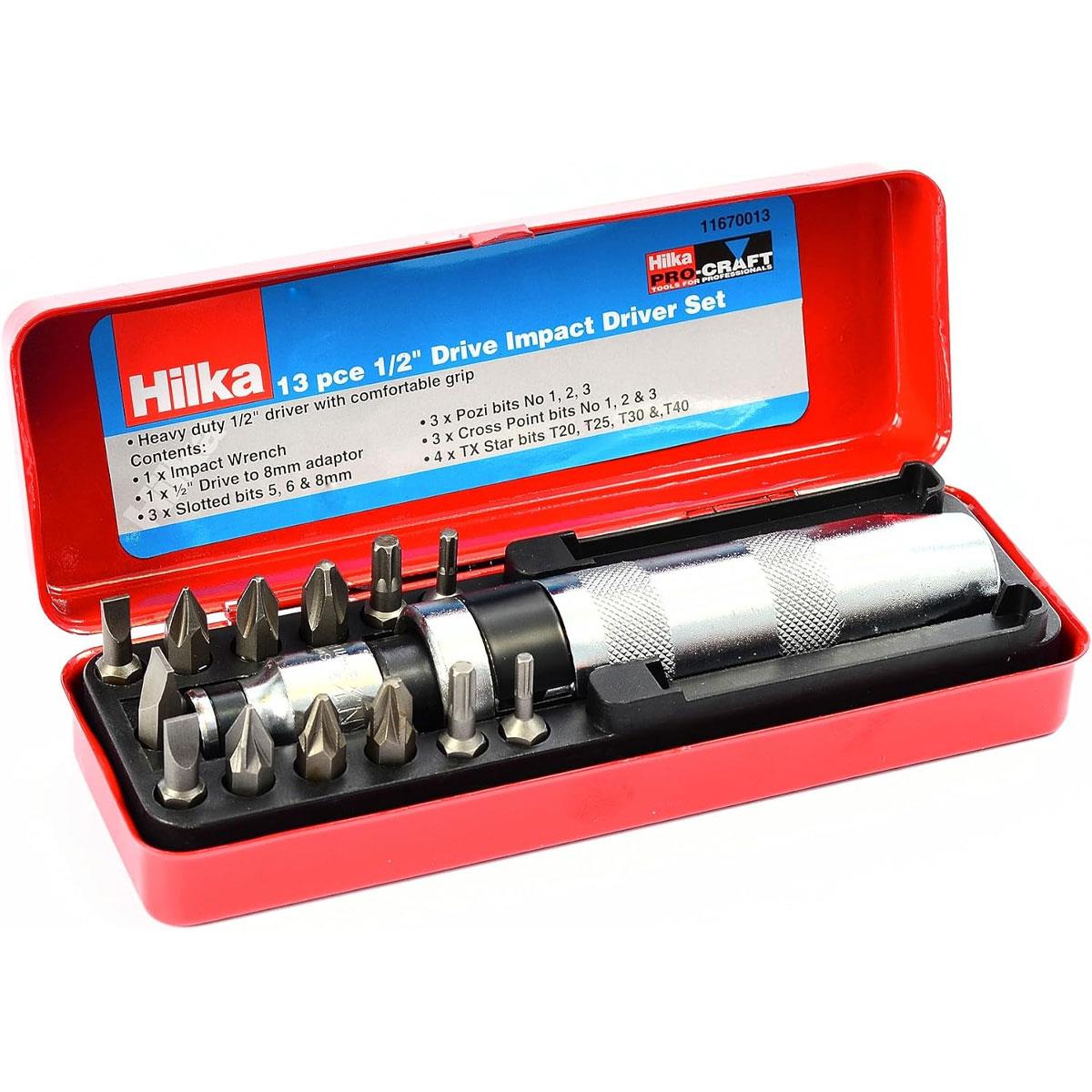 Hilka 1/2-Inch Pro Craft Impact Driver Set 13-Piece Chrome Vanadium Steel with Slotted Pozi Phillips & Torx Bits