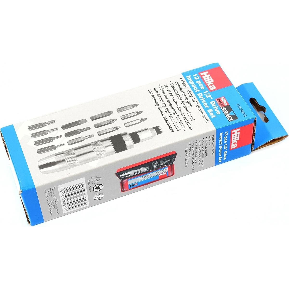 Hilka 1/2-Inch Pro Craft Impact Driver Set 13-Piece Chrome Vanadium Steel with Slotted Pozi Phillips & Torx Bits - Image 4