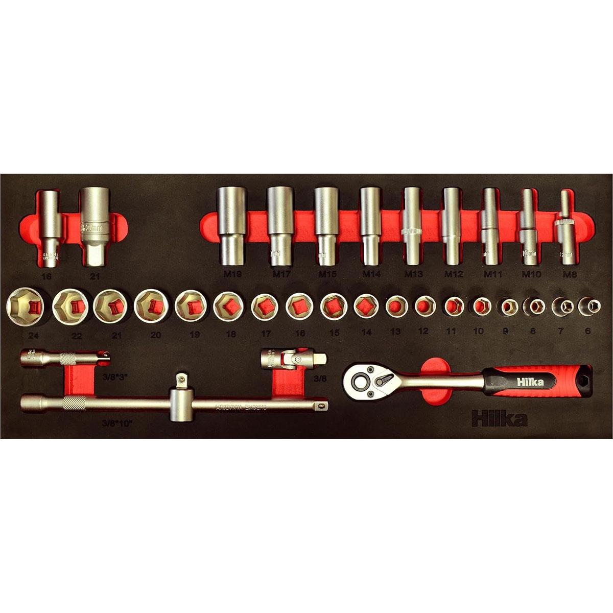 Hilka 34 Piece 3/8" Drive Metric Socket Set with 72-Tooth Ratchet Chrome Vanadium Steel and EVA Tray