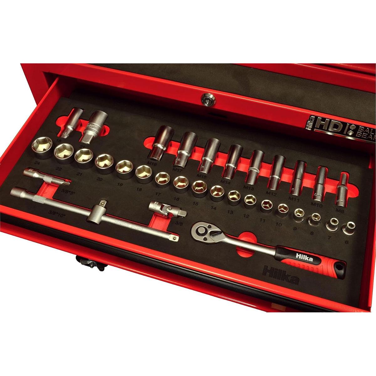 Hilka 34 Piece 3/8" Drive Metric Socket Set with 72-Tooth Ratchet Chrome Vanadium Steel and EVA Tray - Image 2
