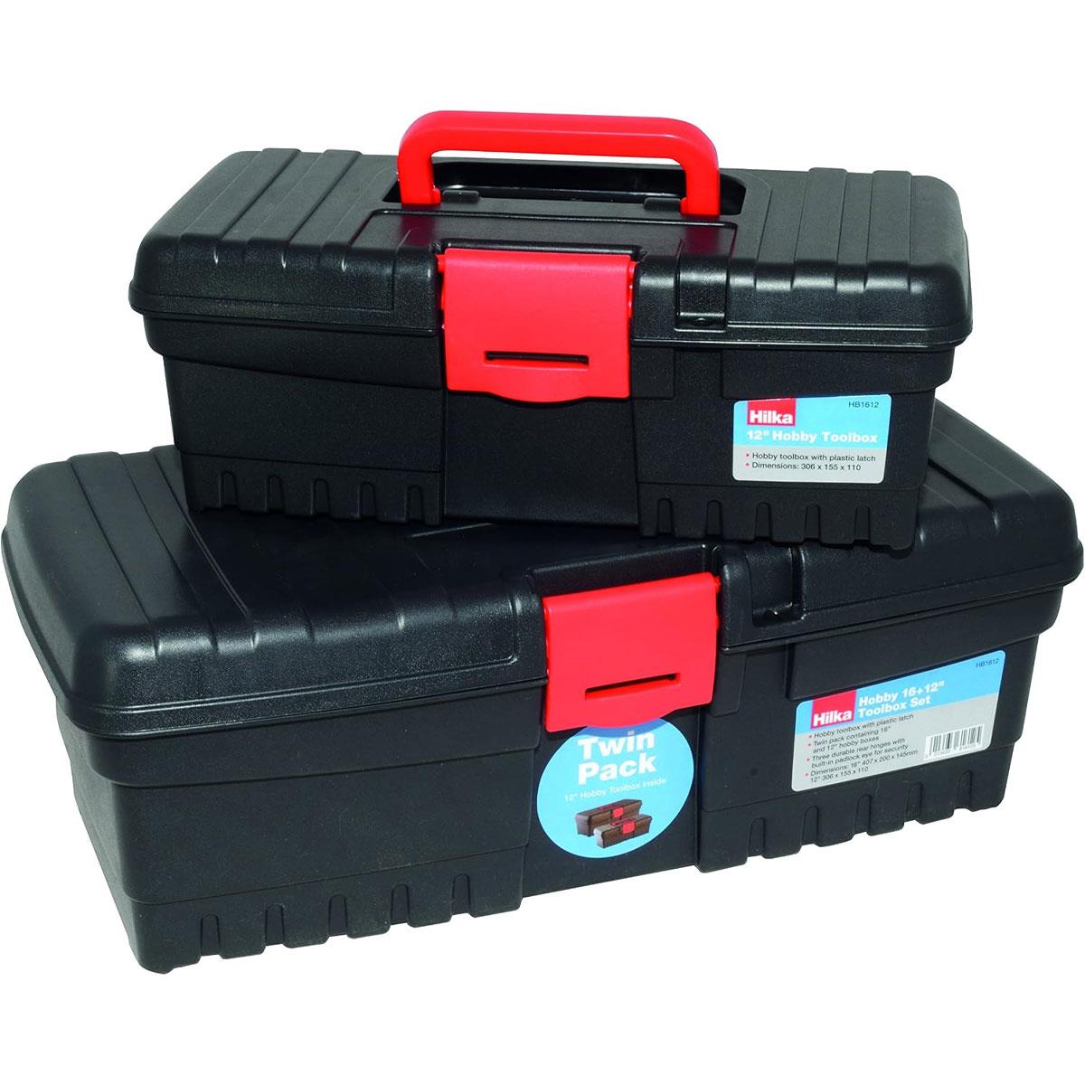 Hilka Hobby Toolbox Set 16 Inch & 12 Inch Black Plastic Twin Pack with Padlock Eye