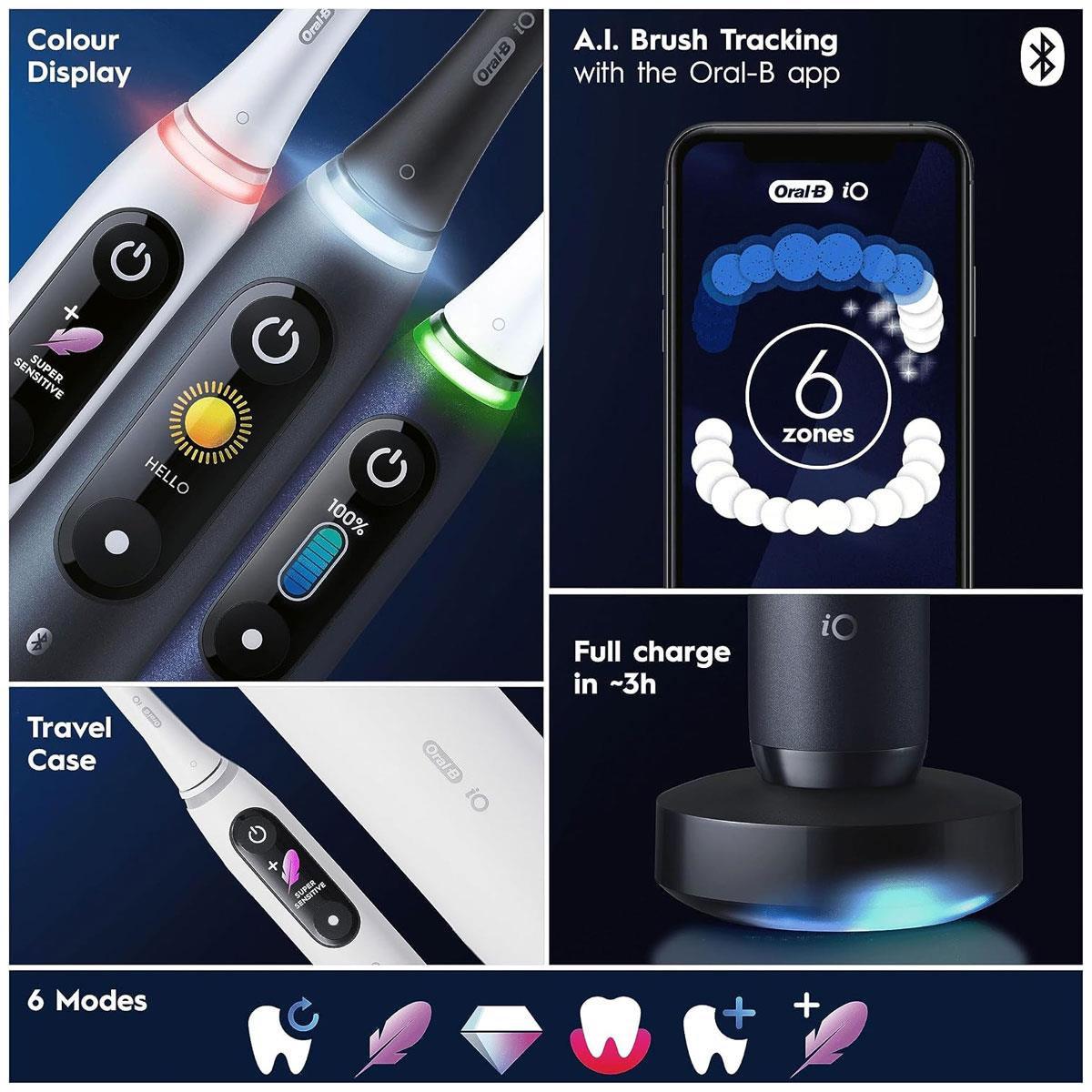 Oral-B iO8 2X Electric Toothbrushes for Adults App Connected 6 Modes 4 Brush Heads Travel Case & Holder Black/Violet - Image 7