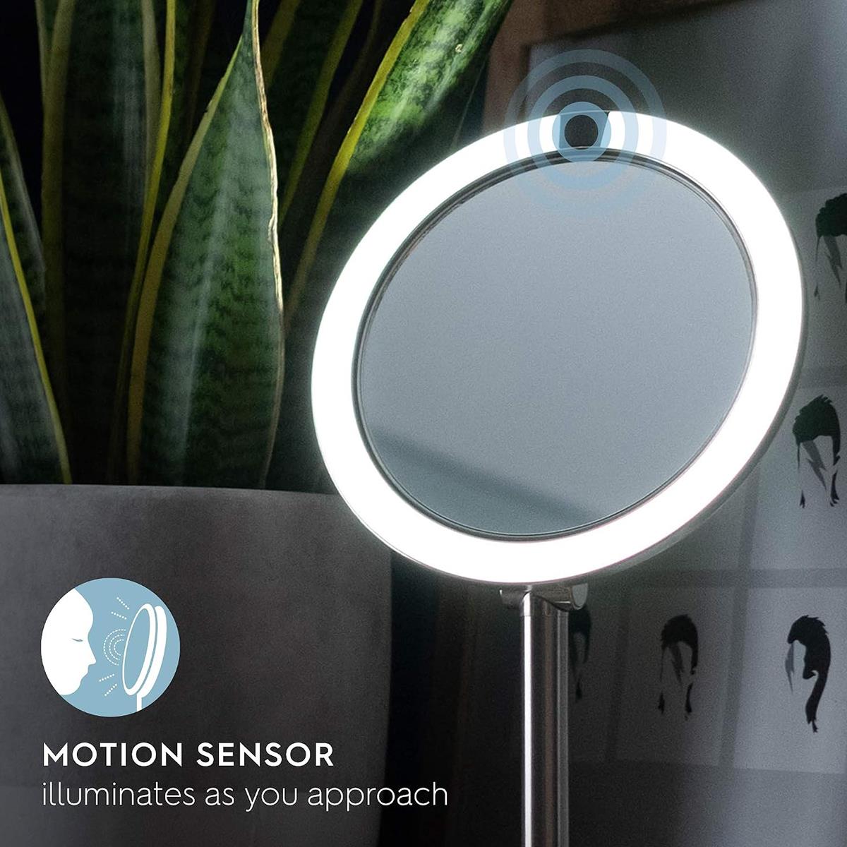 HoMedics Twist Illuminated Makeup Mirror Double-Sided LED 1X/7X Magnification Motion Sensor USB Rechargeable Silver - Image 2