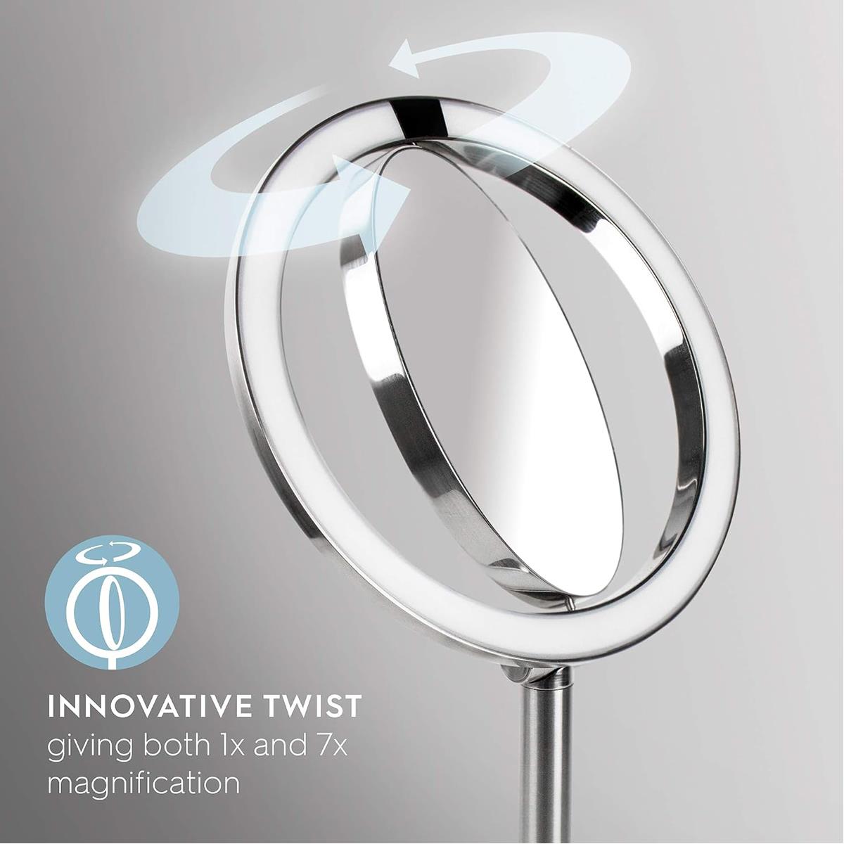HoMedics Twist Illuminated Makeup Mirror Double-Sided LED 1X/7X Magnification Motion Sensor USB Rechargeable Silver - Image 3